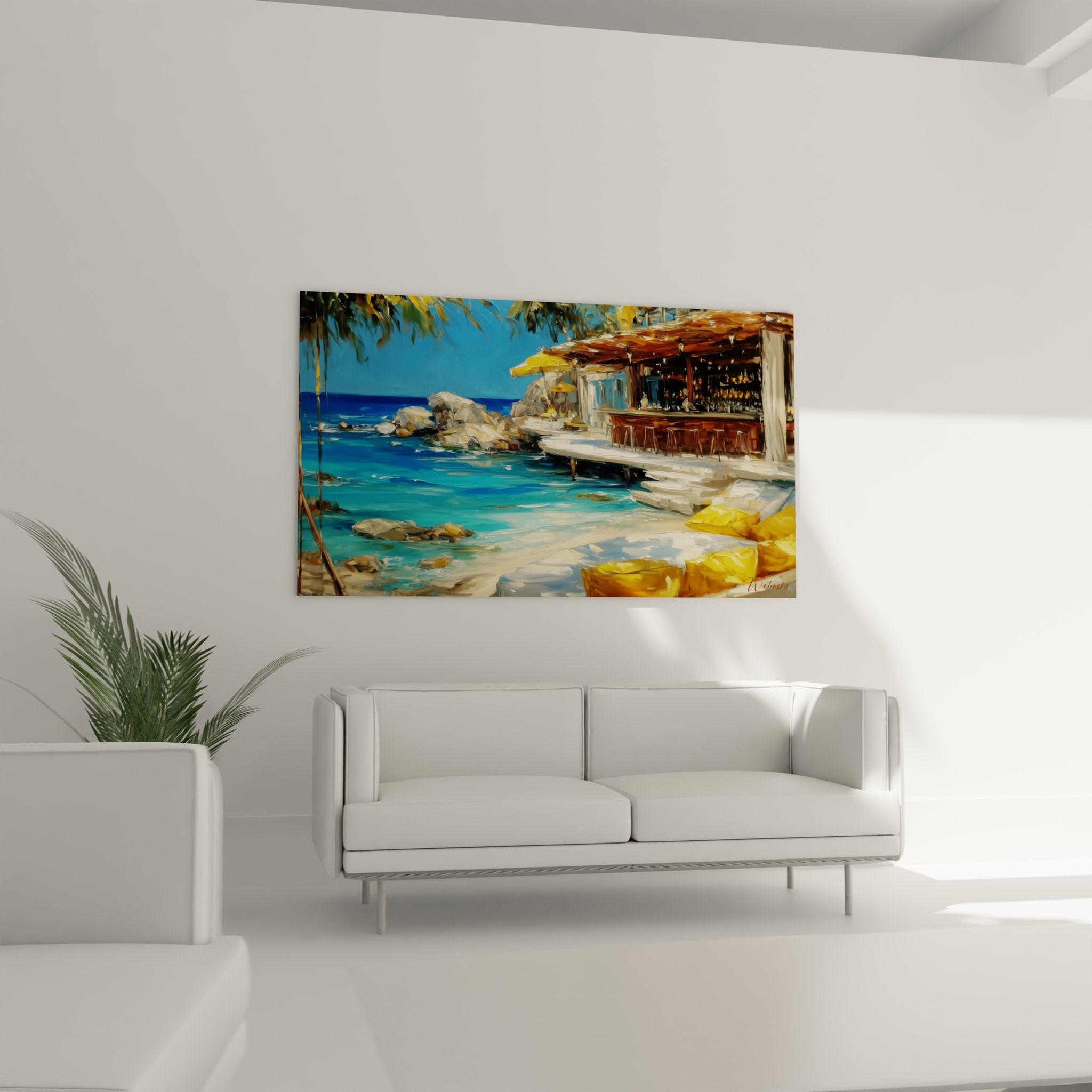 Détail tableau bar plage méditerranéen peinture eaux cristallines rochers blancs art maritime qualité