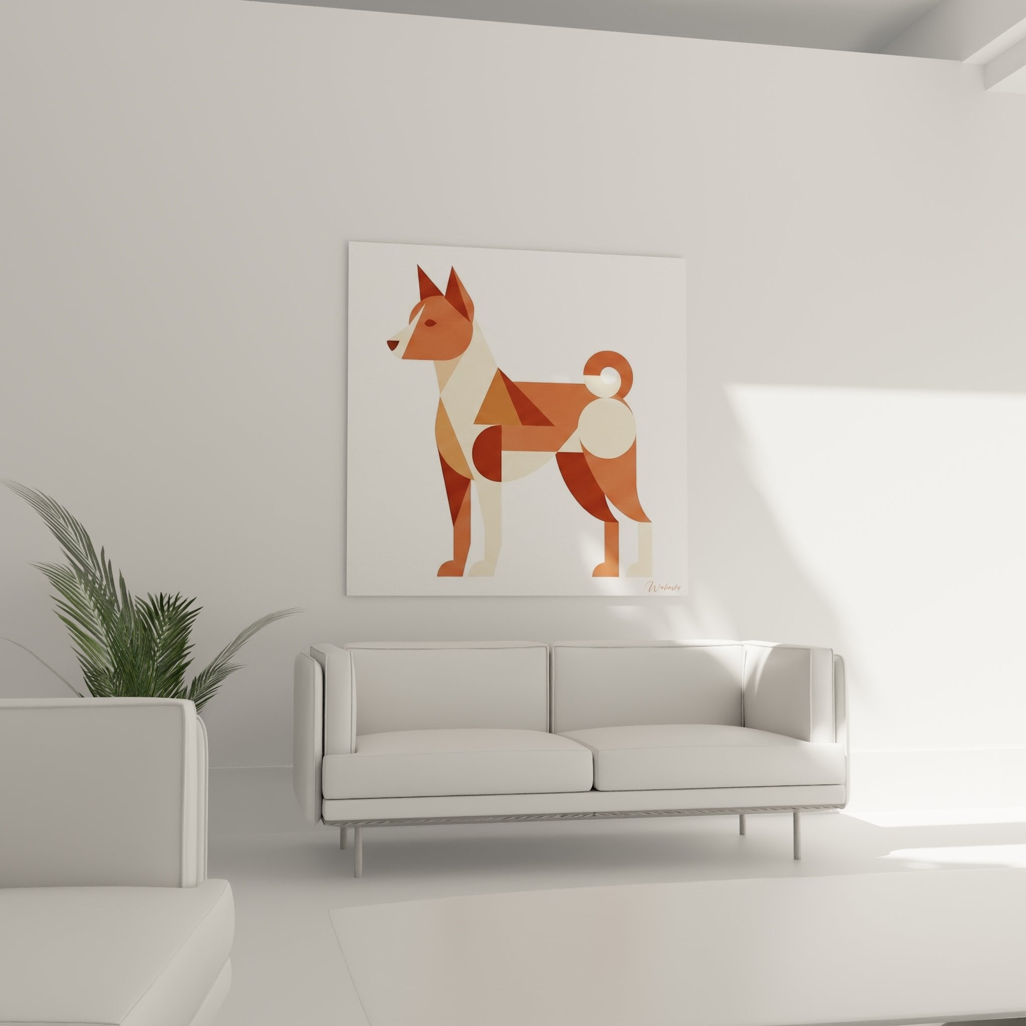 detail proche tableau basenji geometrique formes triangulaires couleurs roux beige