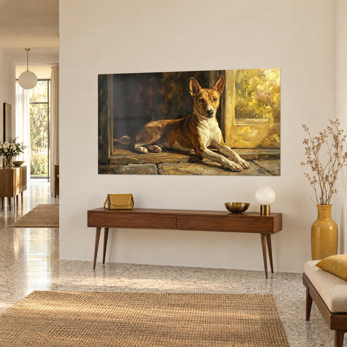 Cuadro perro rojizo de grandes orejas erguidas, tumbado delante de una ventana amarillo dorado, fondo marrón oscuro, visto de tres cuartos sobre una consola de madera
