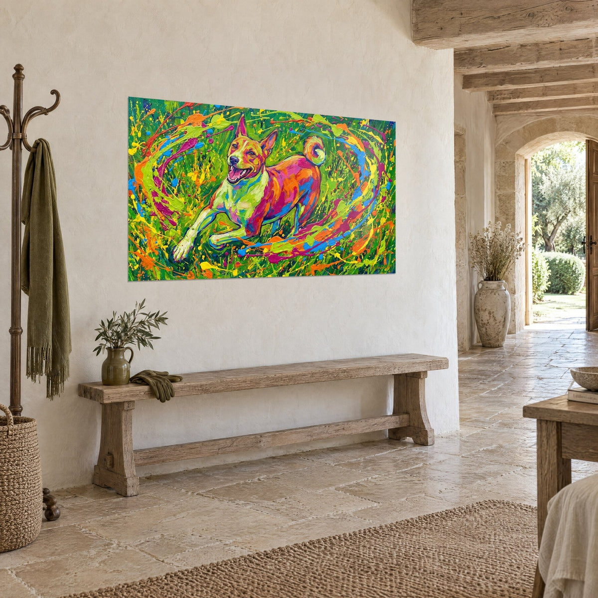 Wall art joyful dog with fuchsia and tangerine flanks, swirling blue and yellow splashes, on a stone wall of a country house