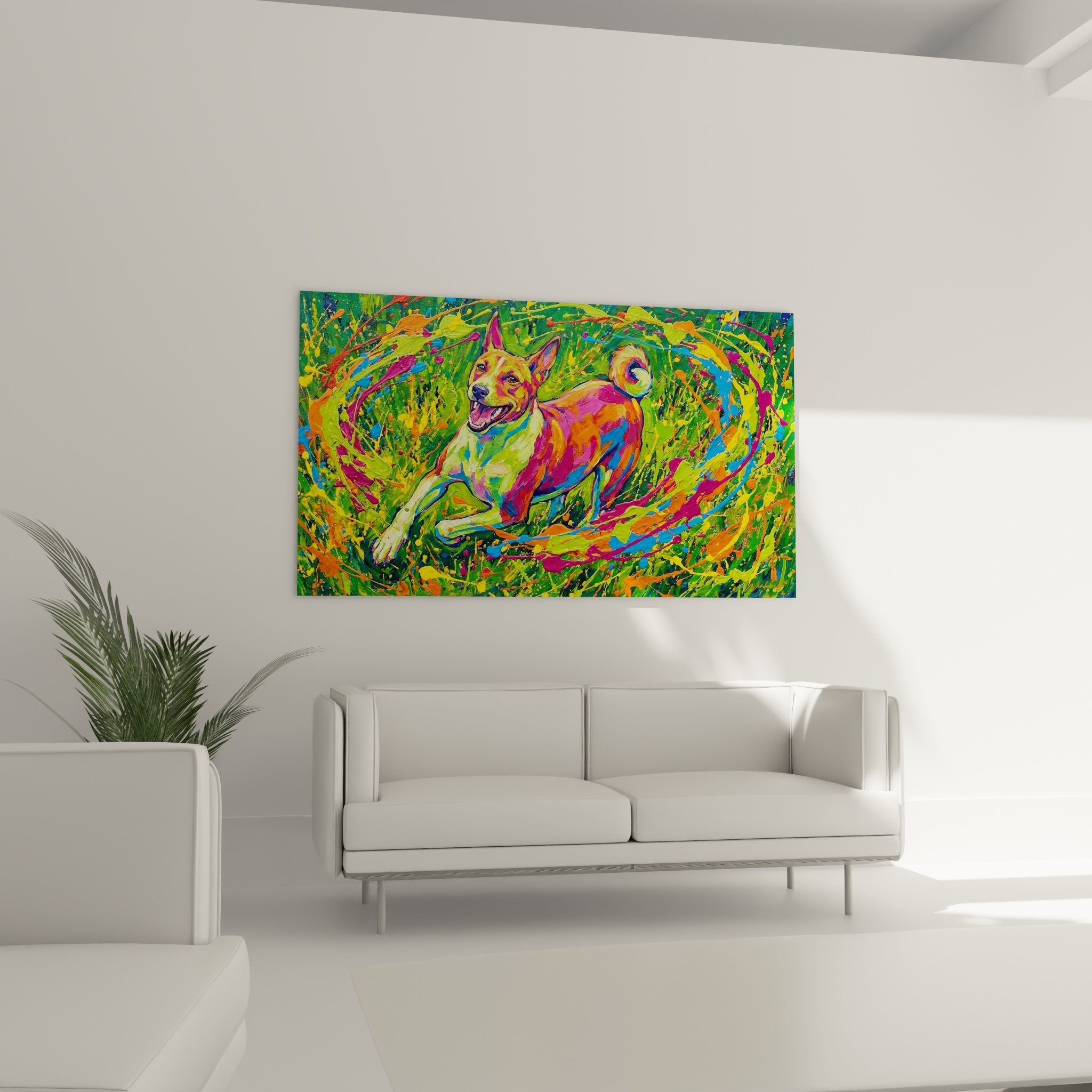 Nahaufnahmedetail des Basenji-Gemäldes mit strahlendem Lächeln, lebendige Farben, Dripping-Technik, zeitgenössische expressionistische Malerei