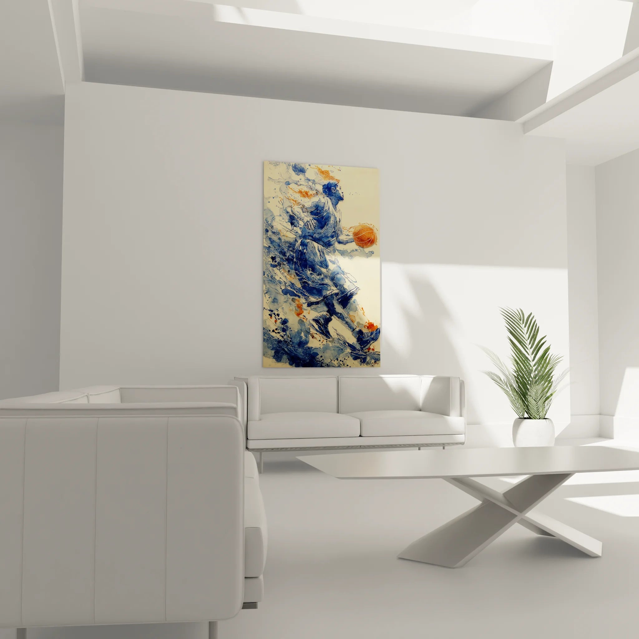 Détail rapproché tableau basket montrant la technique artistique fluide et le ballon orange emblématique