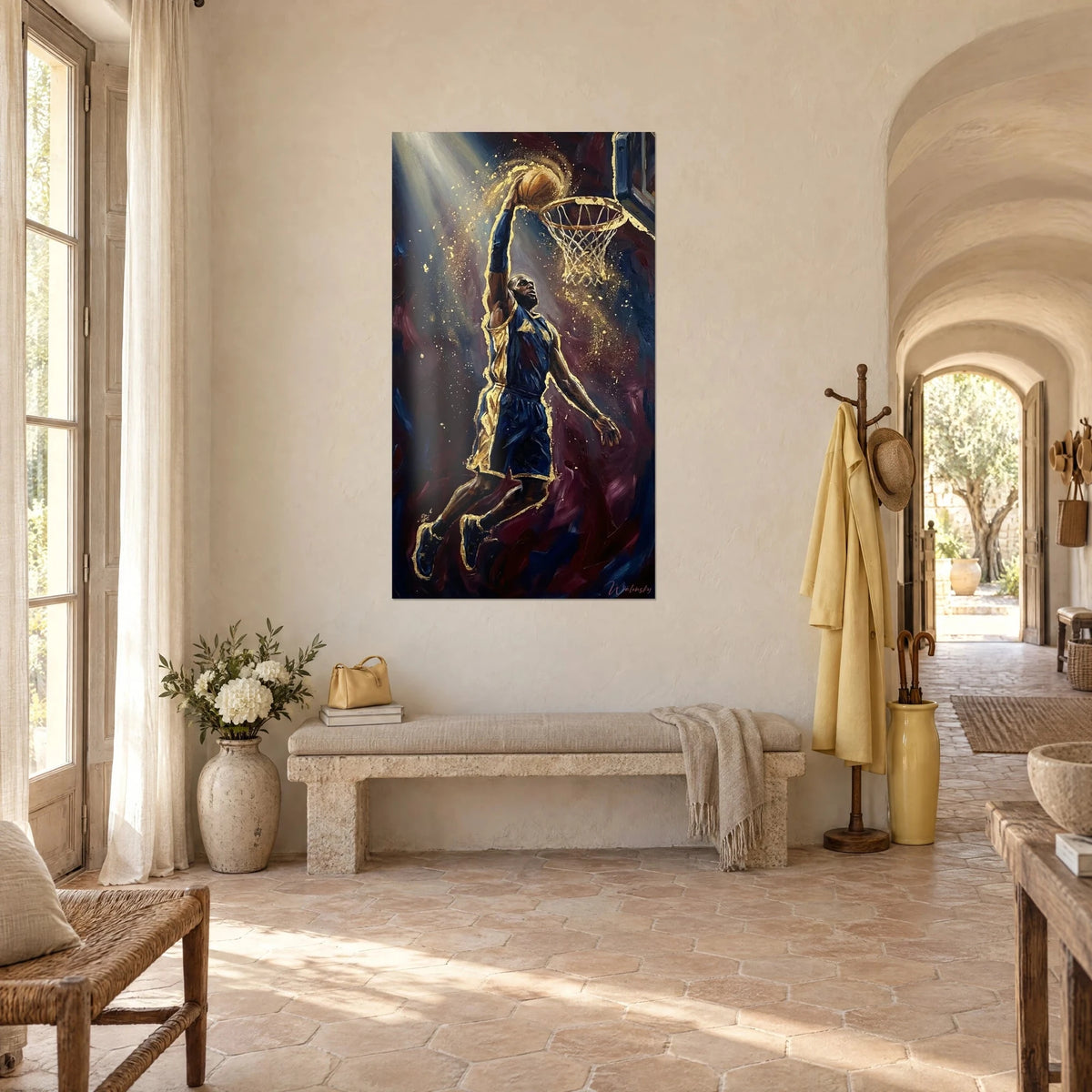 Wall art basketball player leaping toward the hoop, gold dust on a burgundy background, three-quarter view, Provençal farmhouse