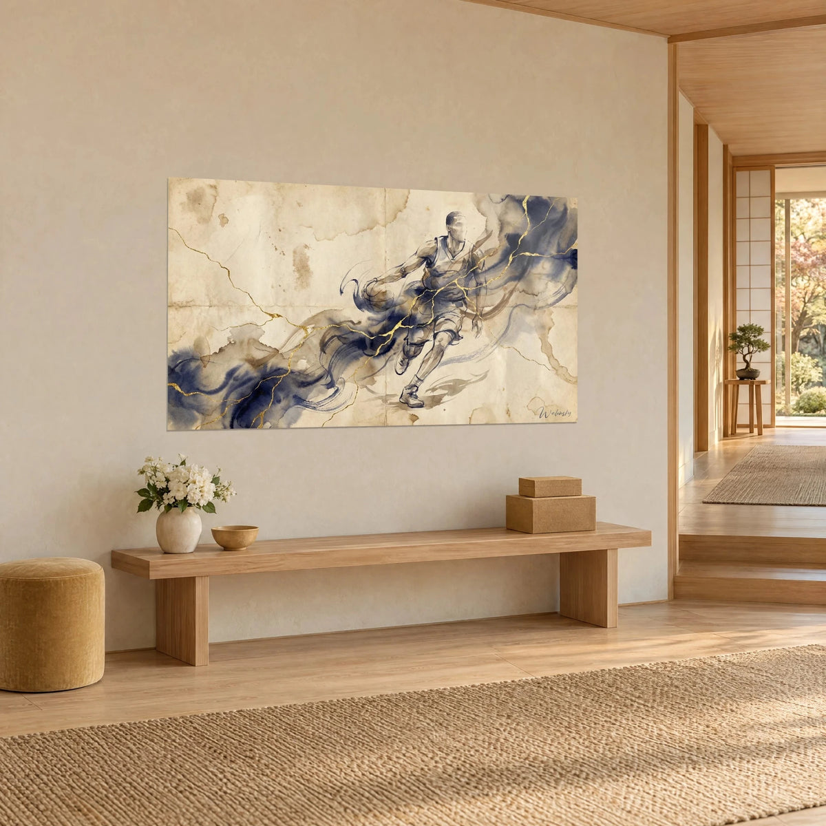 Quadro atleta che palleggia la palla, lavis blu notte e venature dorate kintsugi su fondo crema, parete di un ingresso japandi