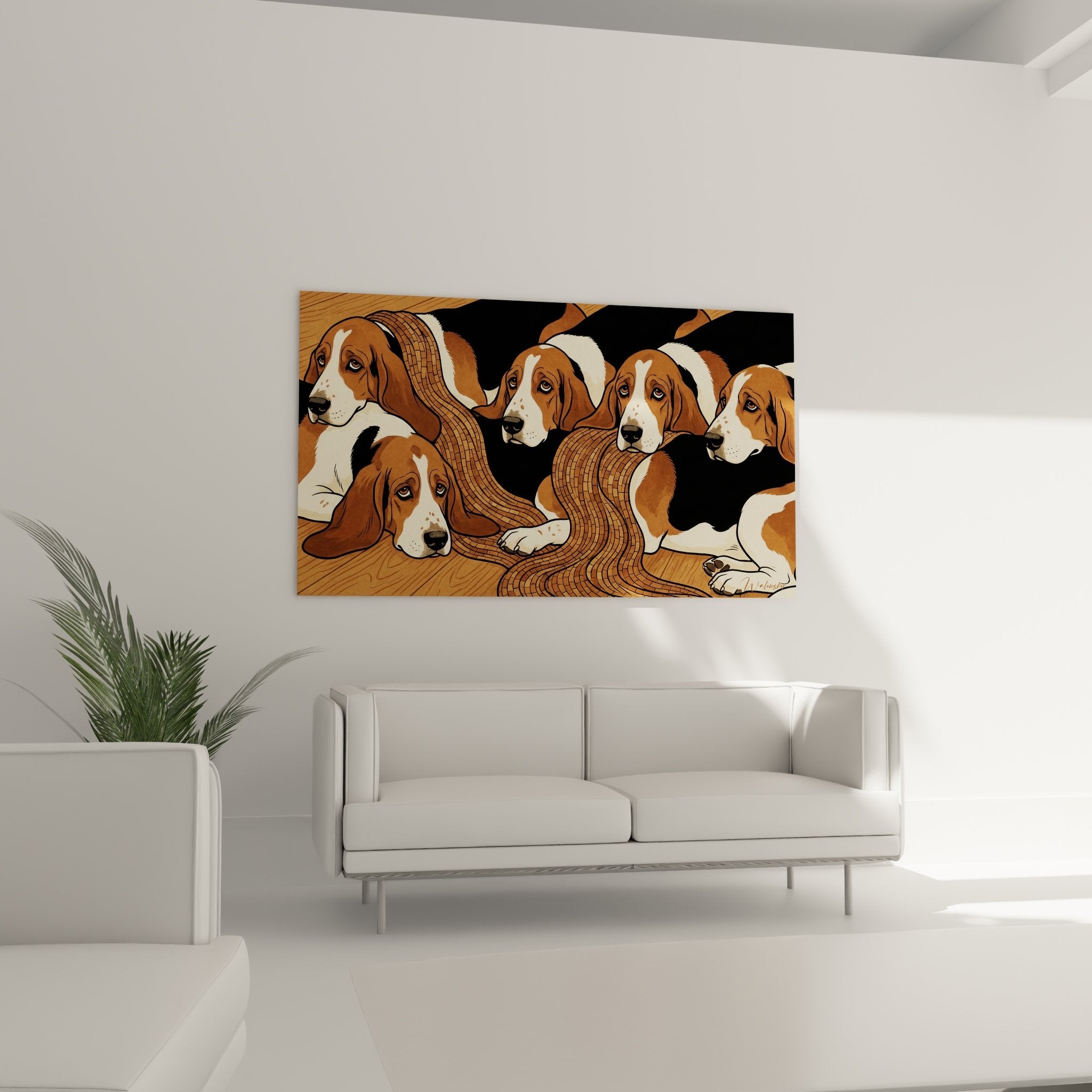 Détail rapproché du tableau Basset Hound montrant les expressions tendres et les pelages tricolores