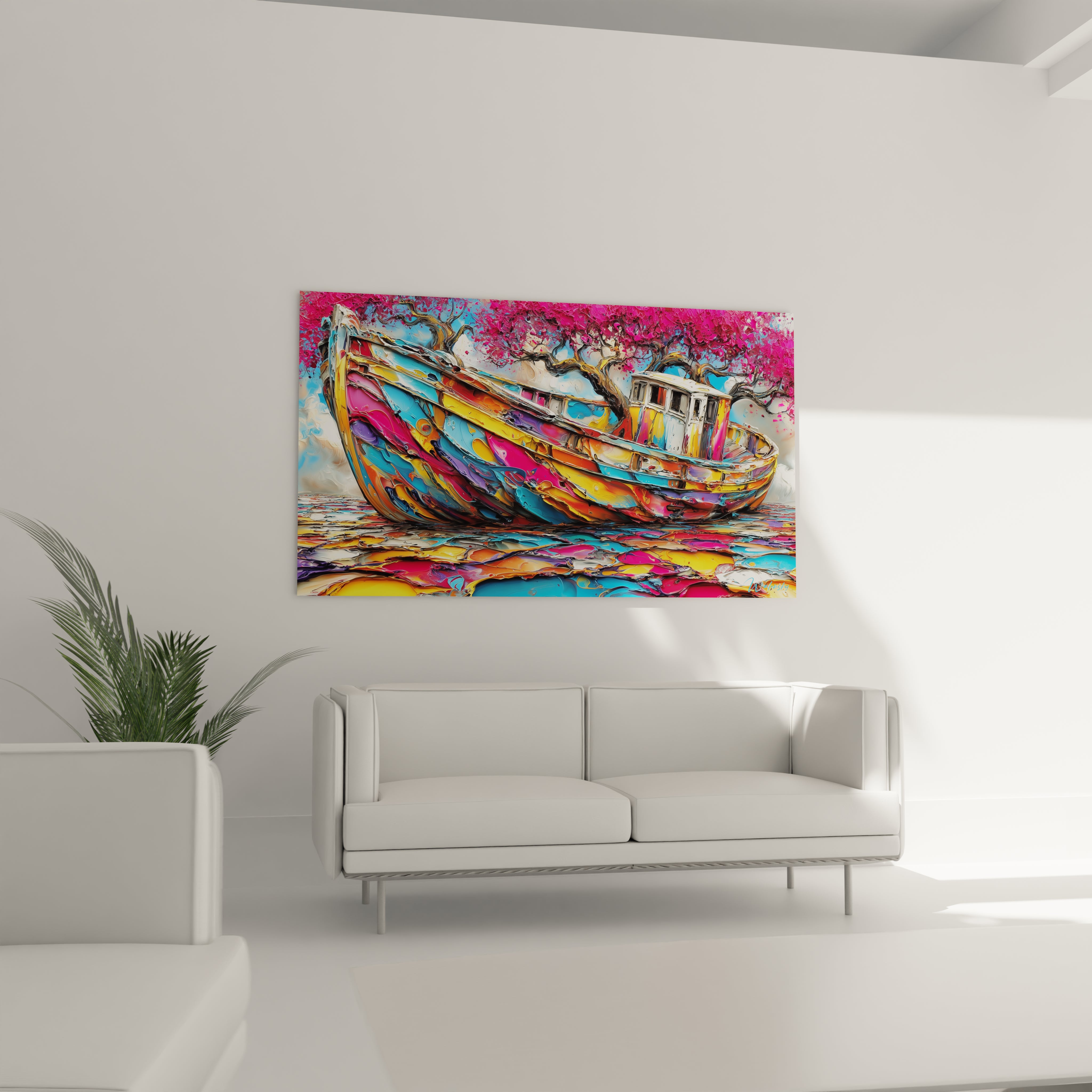 Gros plan détail tableau bateau coloré texture peinture coulures artistiques style contemporain