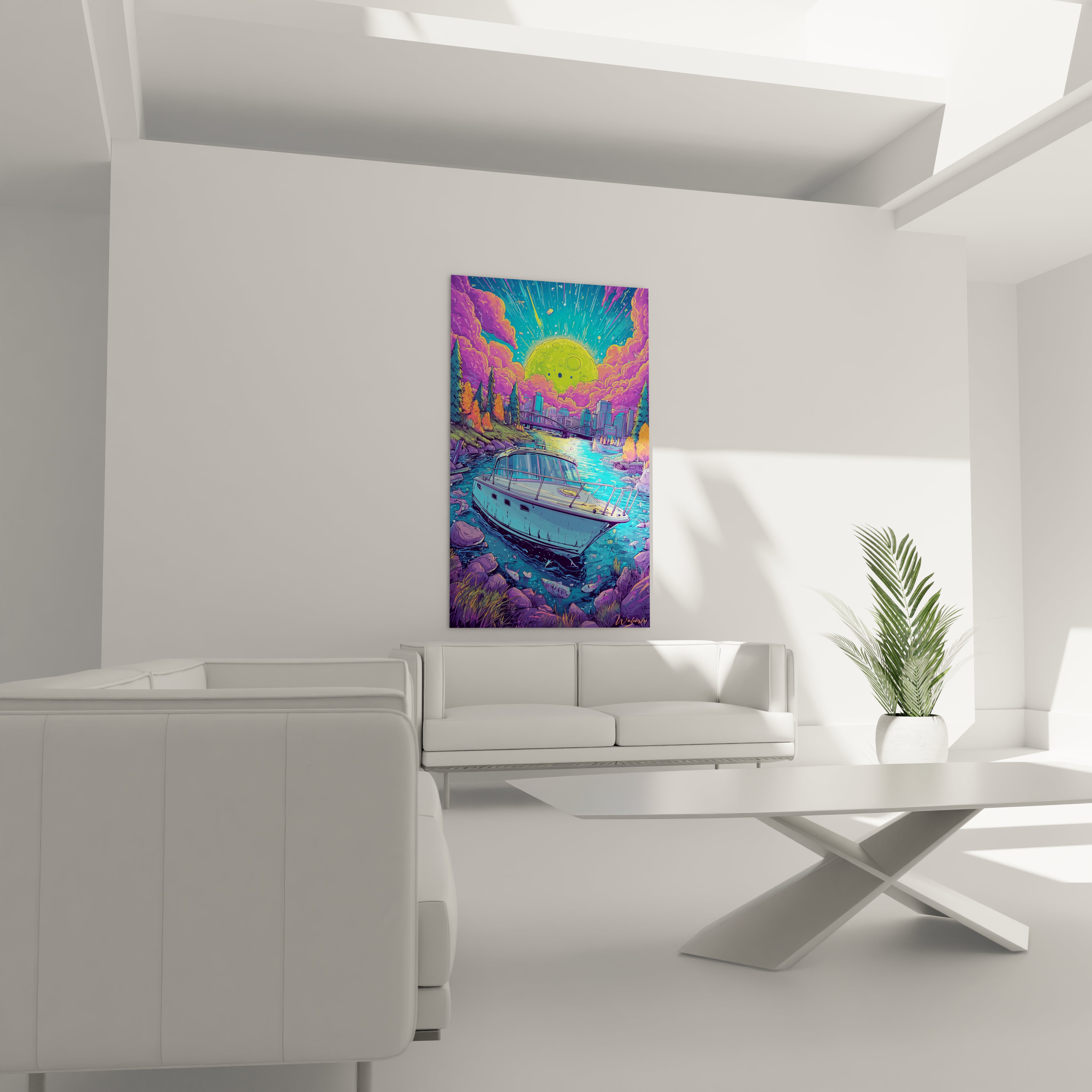 Détail tableau bateau futuriste montrant textures colorées et effets lumineux style bande dessinée