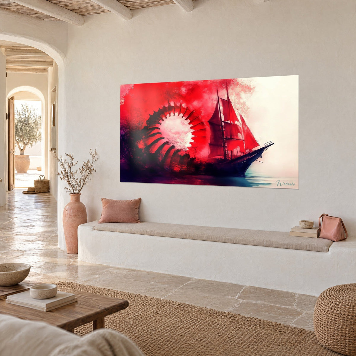Wall art ghost sailboat on turquoise water, night-violet hull and splashed red cloud, white wall, Mediterranean house