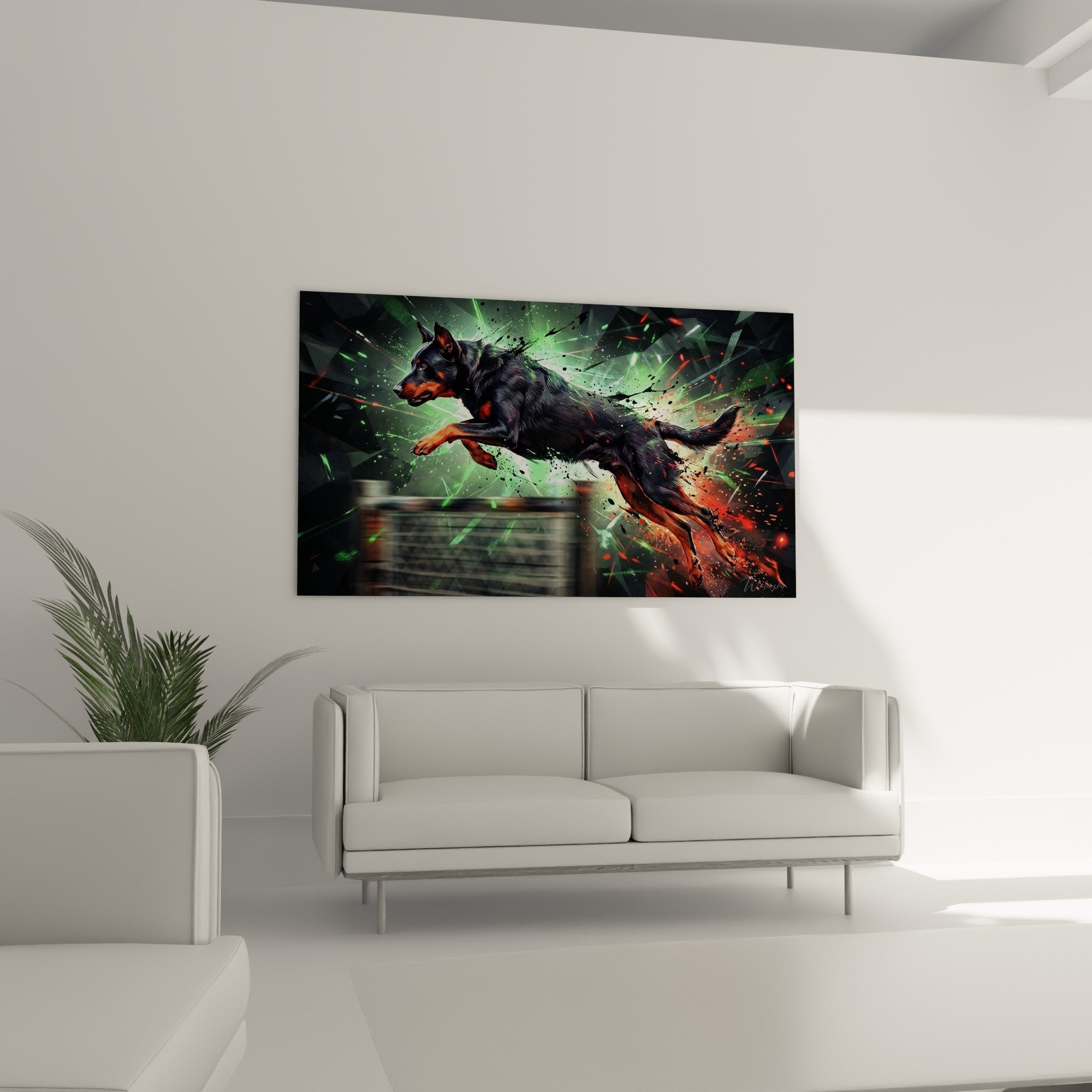 Dettaglio ravvicinato del quadro che mostra il mantello realistico del Beauceron e gli effetti neon verde elettrico