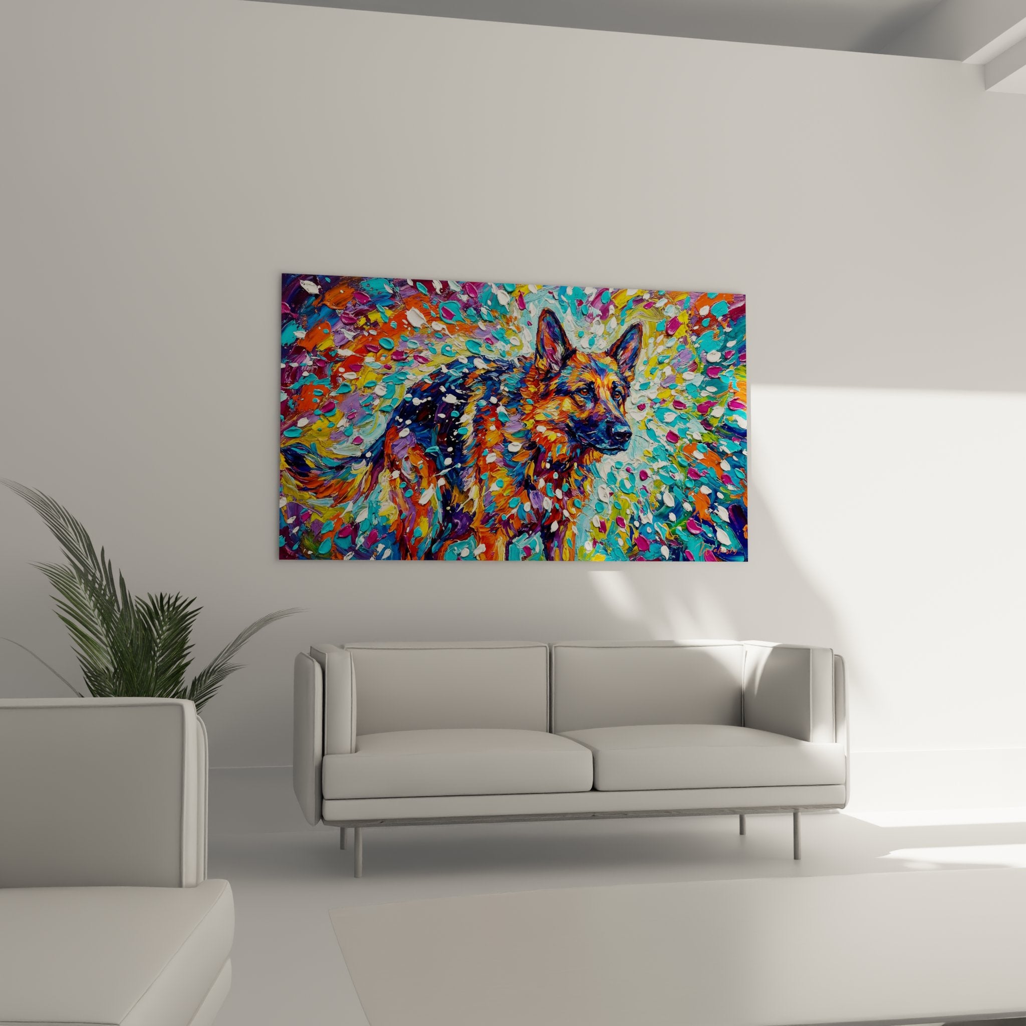 Deutscher Schäferhund Kunstwerk Technik Spritzeffekte mehrfarbig Orange Blau Violett Textur