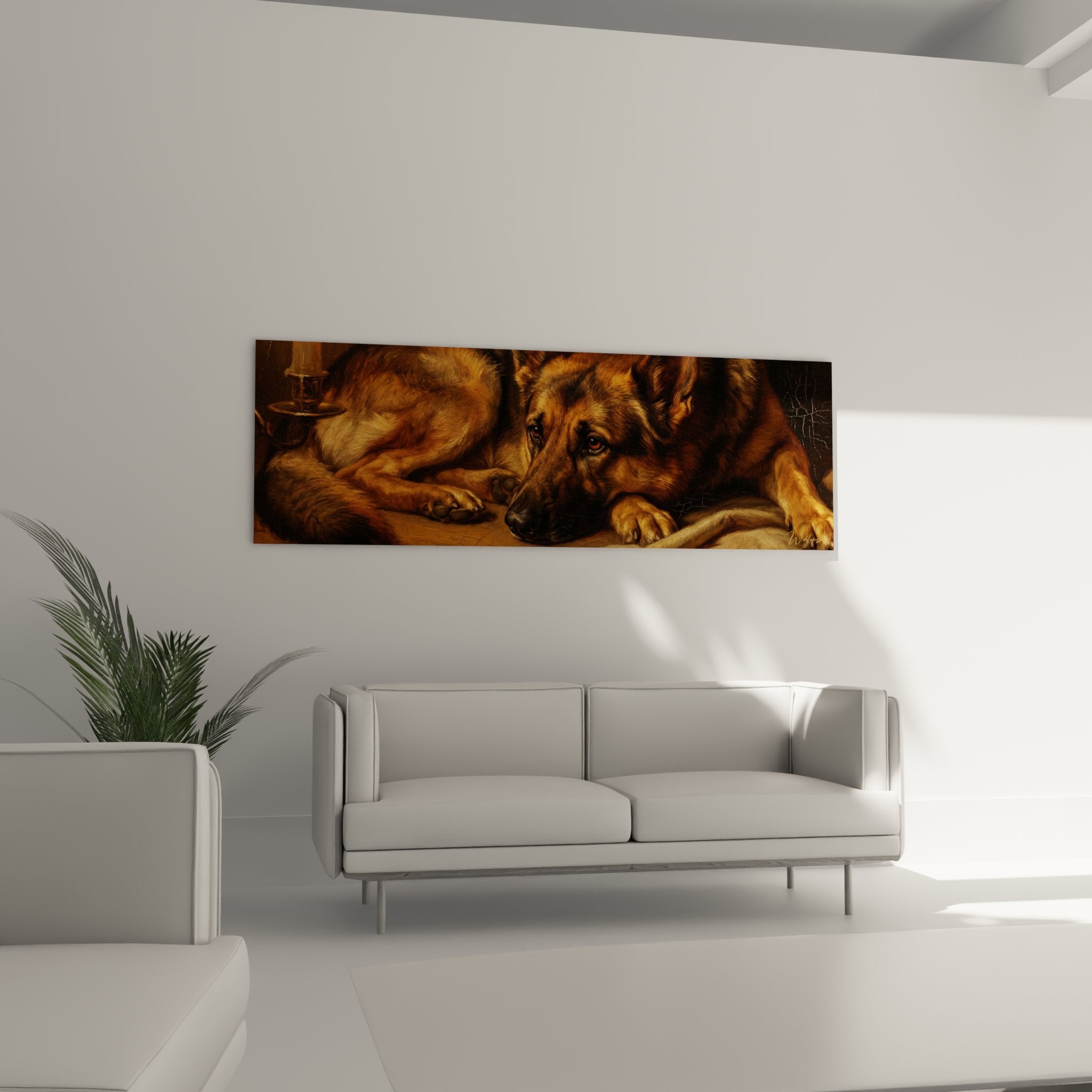 detail tableau berger allemand pelage dore texture realiste peinture animaliere tons cuivres