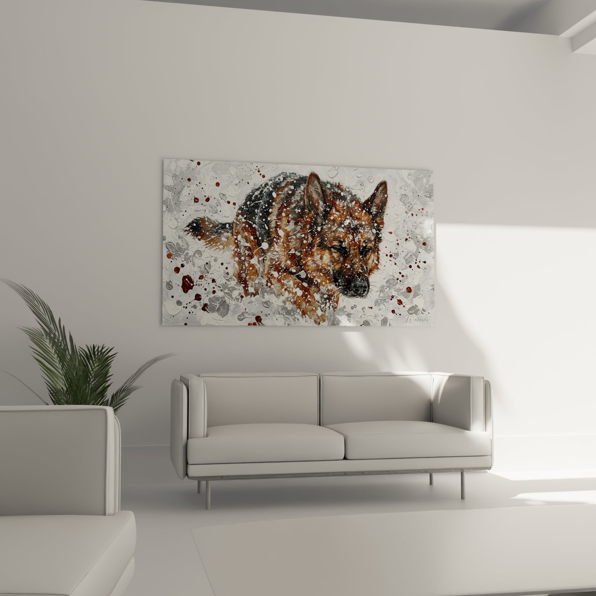 primo piano quadro pastore tedesco dettaglio pittura spruzzi tecnica moderna arte canina contemporanea