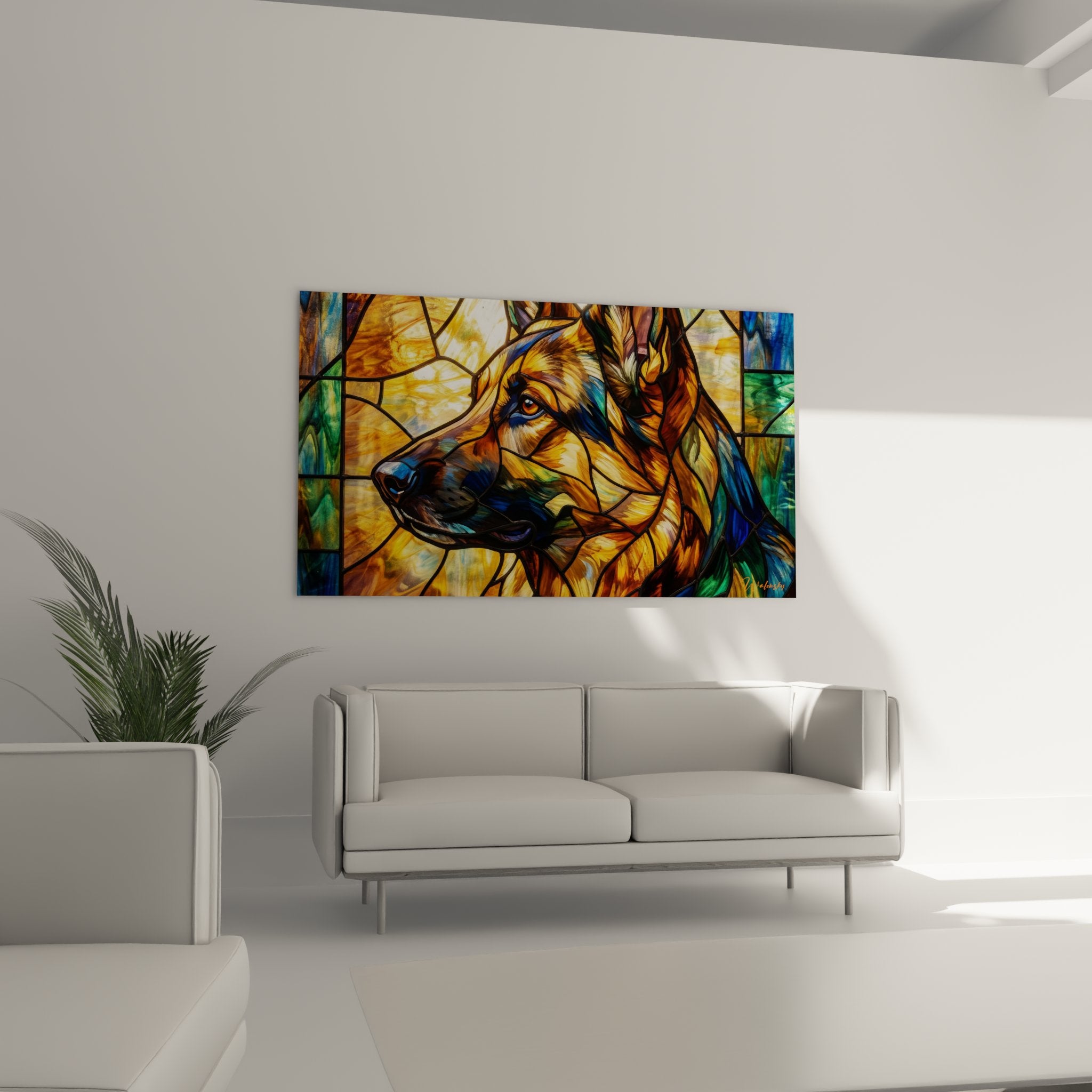 detail tableau berger allemand vitrail reflets dores pelage lignes plomb noires style gothique moderne