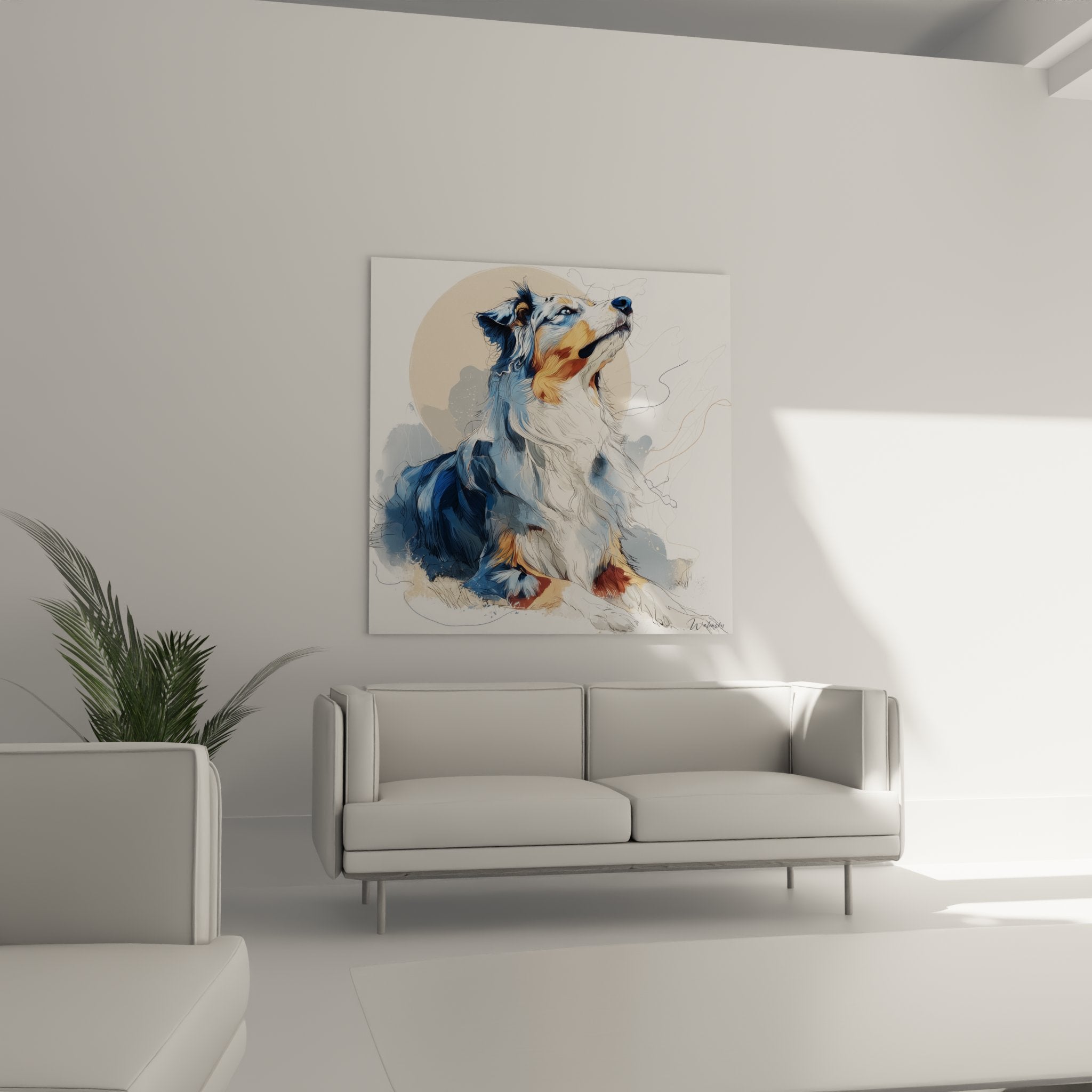 Detail Gemälde australischer Schäferhund Aquarell rotbraun-blaues Fell künstlerische Maltechnik