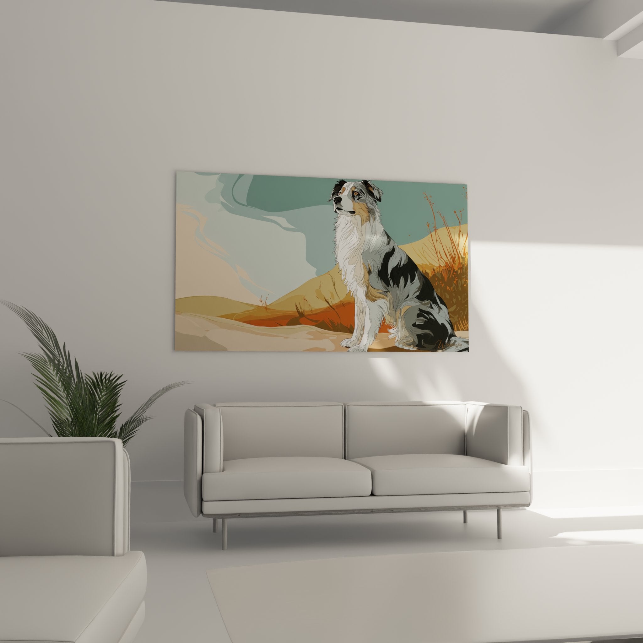 Nahaufnahme Australian Shepherd Dreifarbiger Hund meditativer Blick graubraunes Fell Hundeporträt
