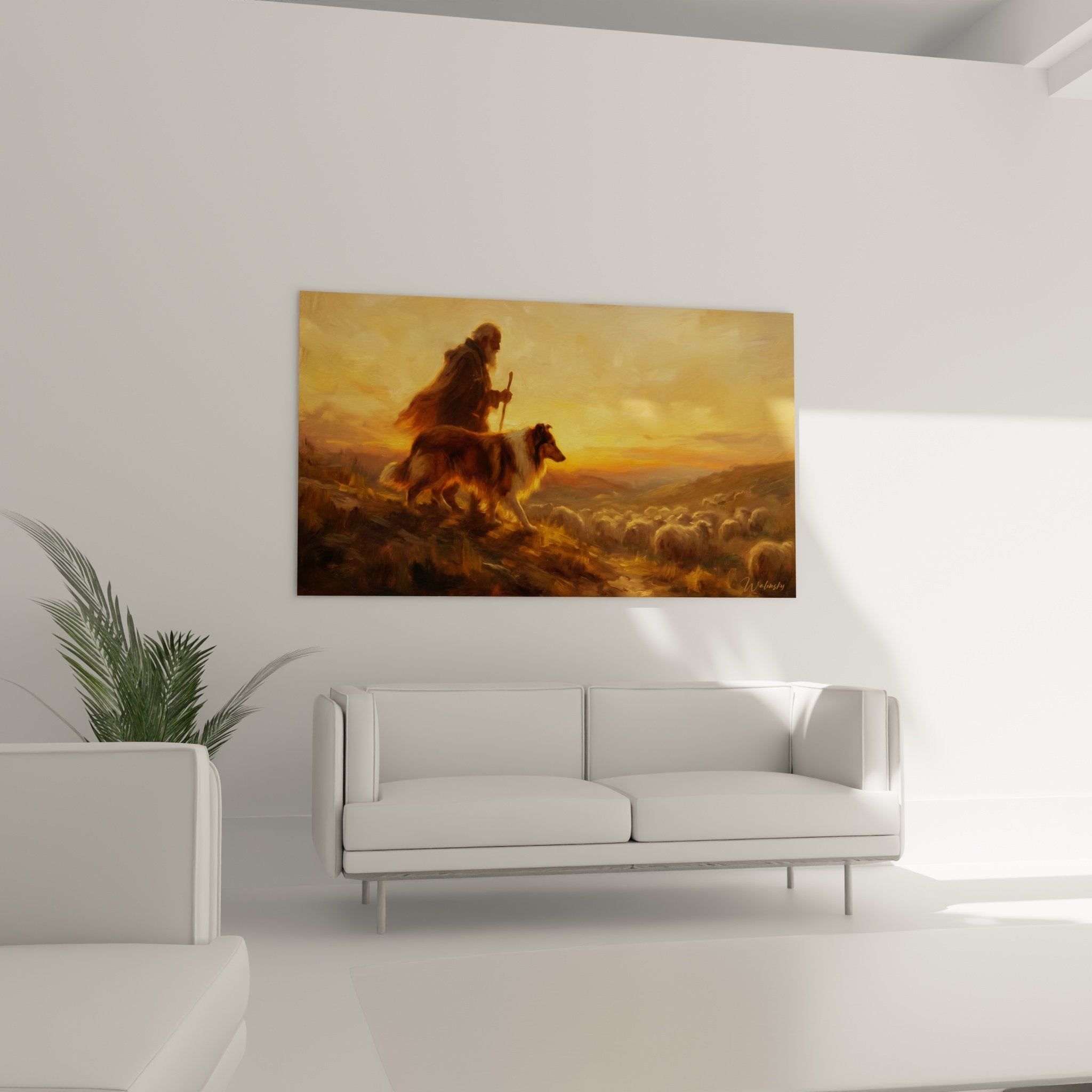Détail tableau berger cape sombre collie roux blanc coucher soleil peinture pastorale qualité artistique