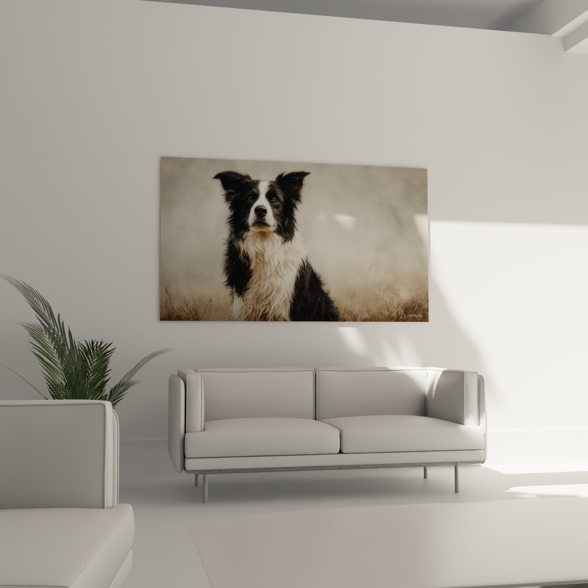 detail tableau border collie tricolore pelage realiste regard ambre portrait canin artistique