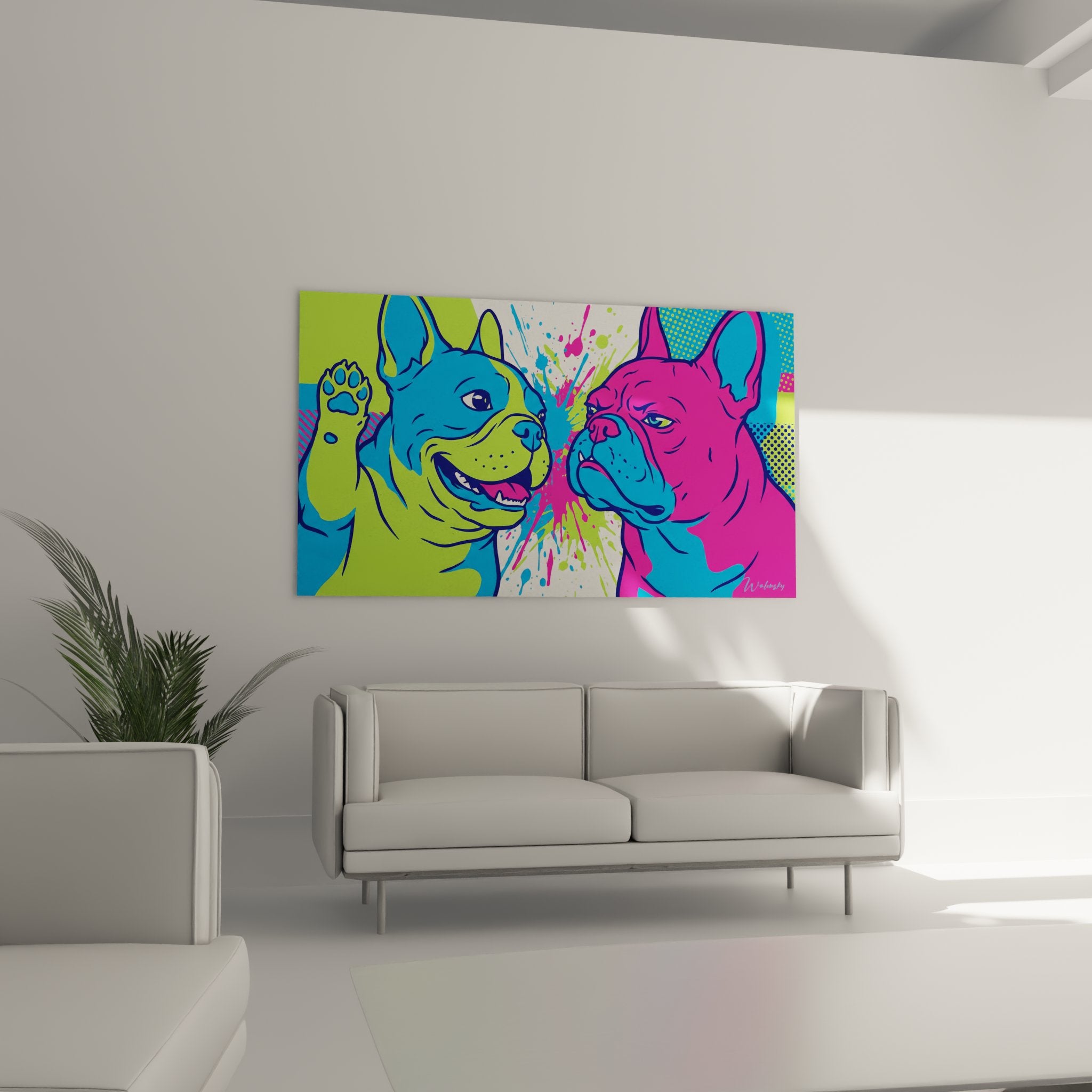 Nahaufnahme Französische Bulldogge Gemälde Pop-Art-Stil Texturen Farben Blaugrün Rosa