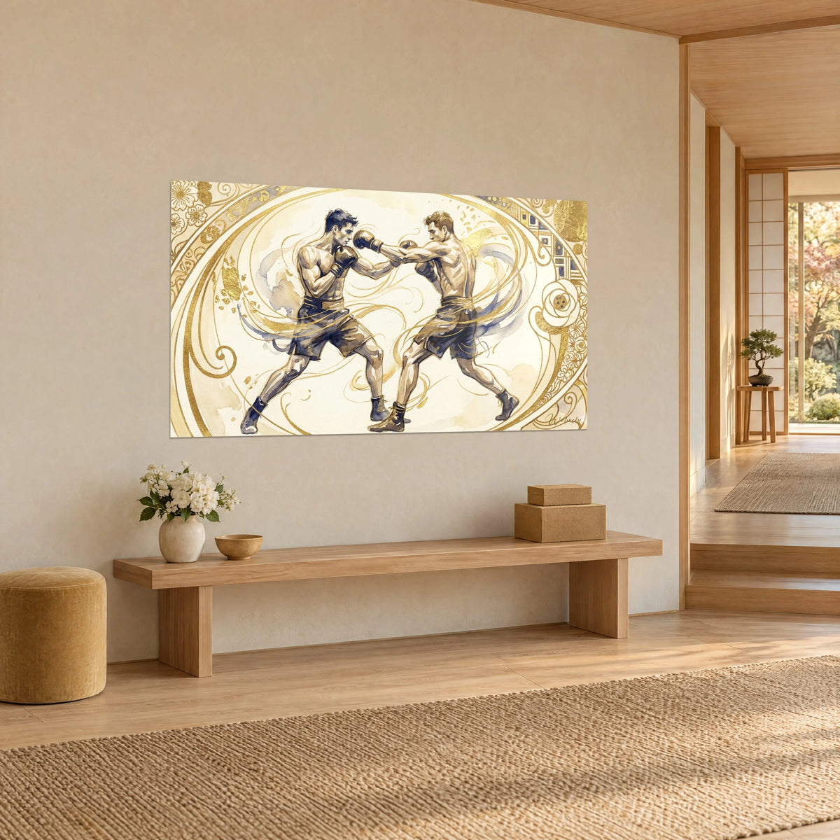Quadro di combattimento di boxe Art Nouveau, guantoni neri, pantaloncini indaco e filigrane d'oro a spirale, appeso accanto a una panca in legno chiaro