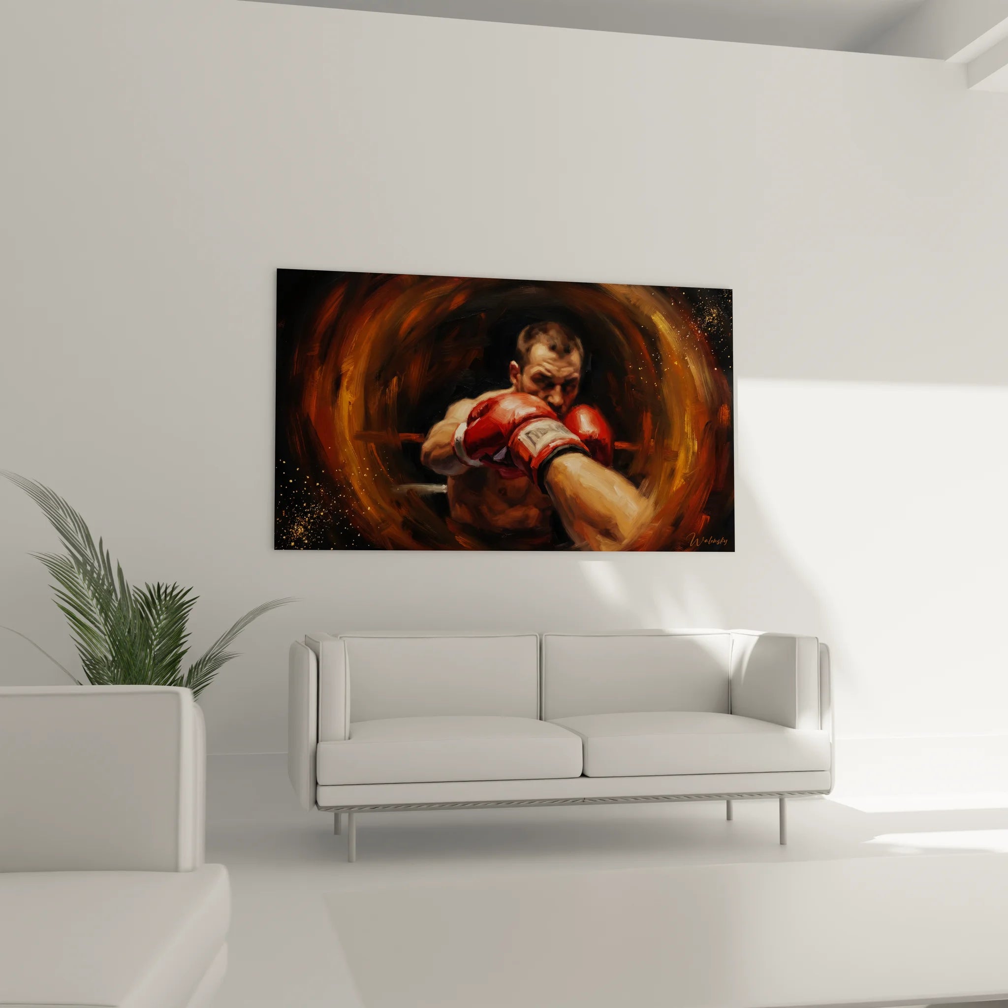 Détail tableau boxeur gants rouges, peinture expressionniste boxe haute qualité