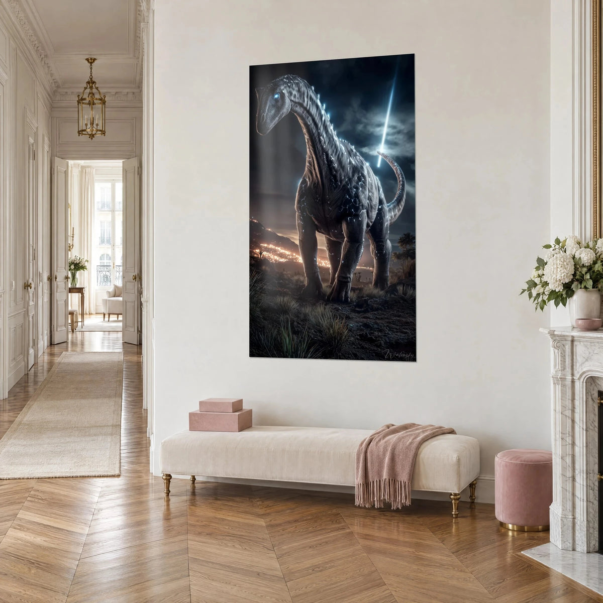 Wall art of a giant Cretaceous dinosaur with a slate-grey long neck, glacier-blue sparks and orange embers, three-quarter view in a Haussmann-style hallway