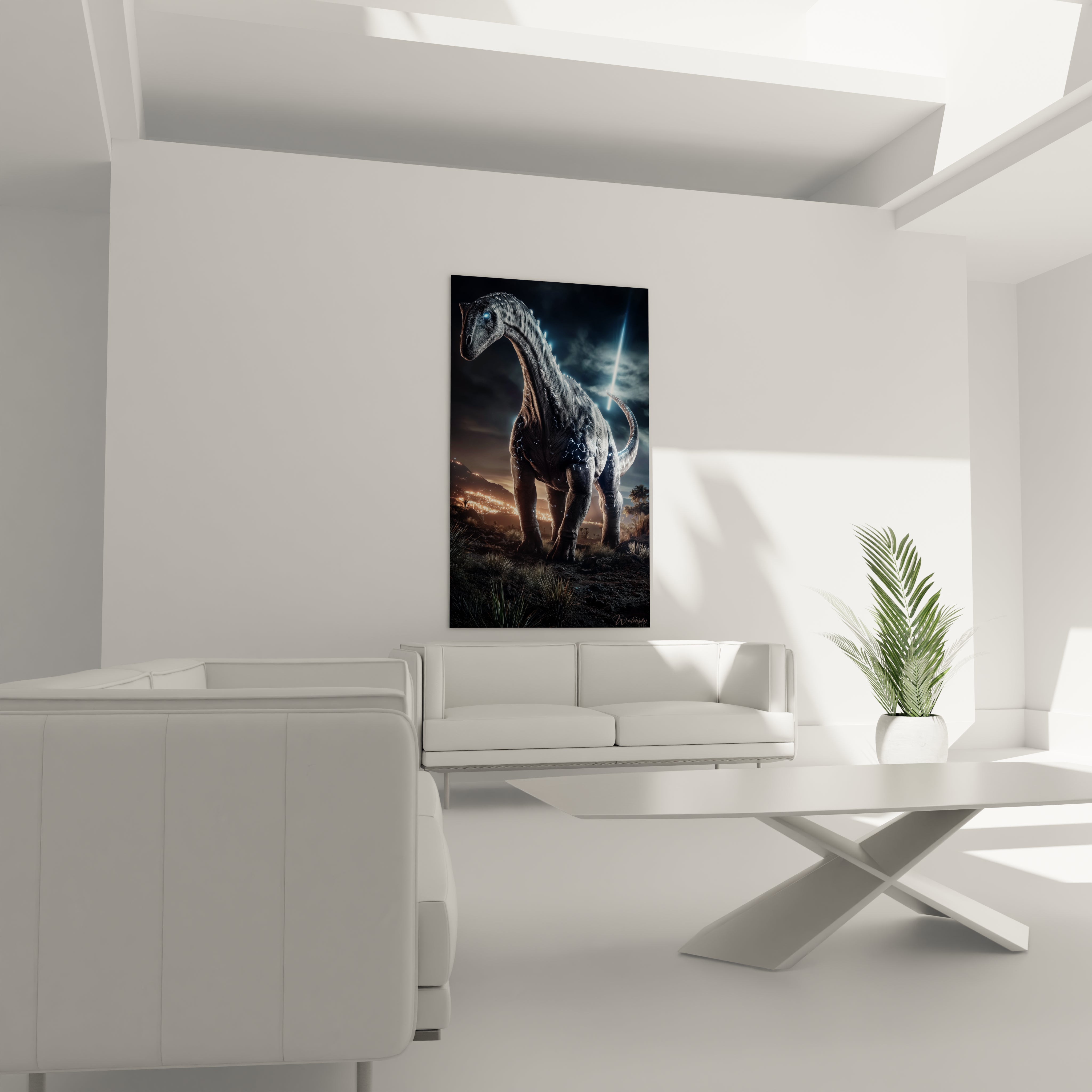 Détail tableau brachiosaure écailles texturées yeux bleus - gros plan art dinosaure haute qualité