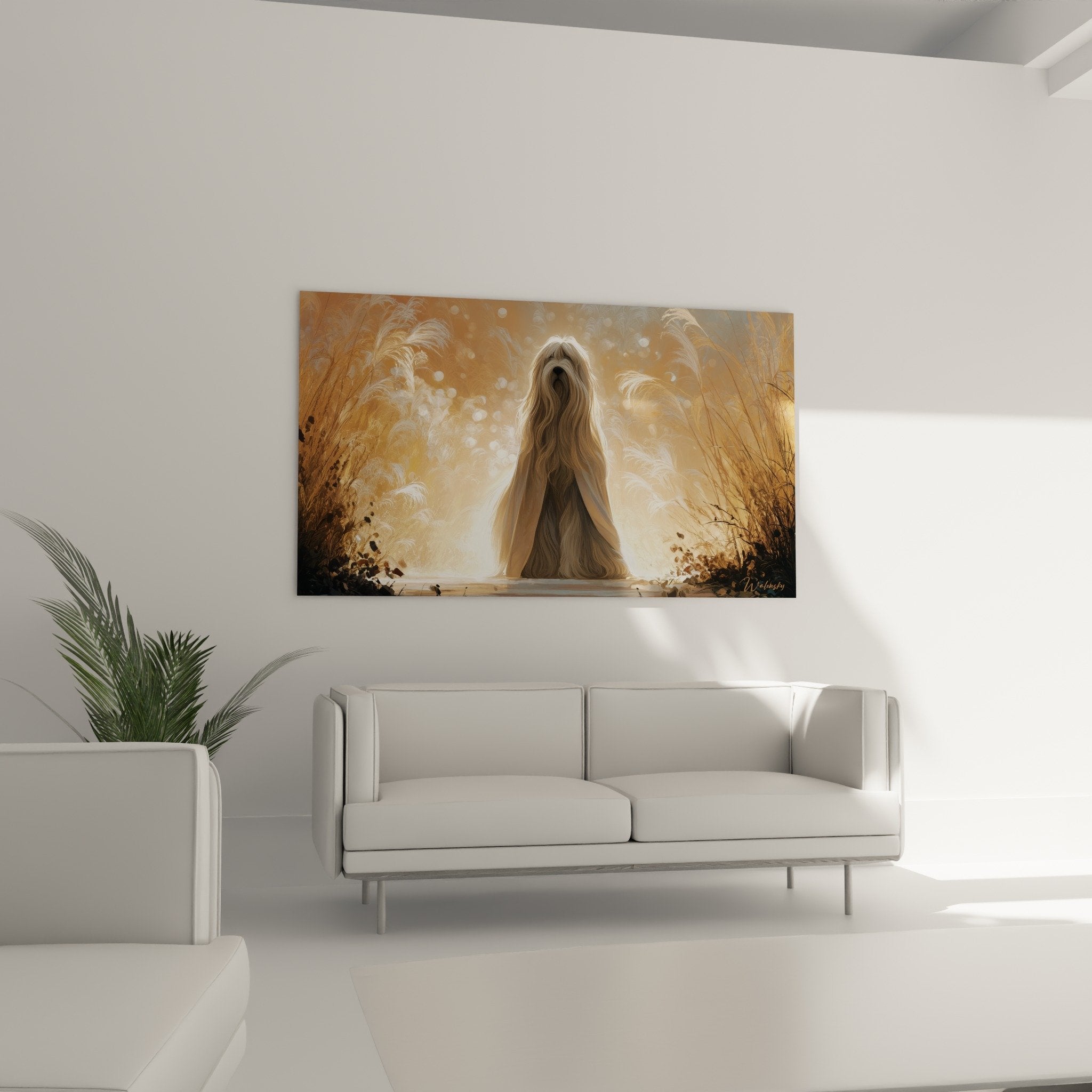 Dettaglio ravvicinato del quadro Briard che mostra le sfumature dorate e gli effetti di luce sulla pelliccia