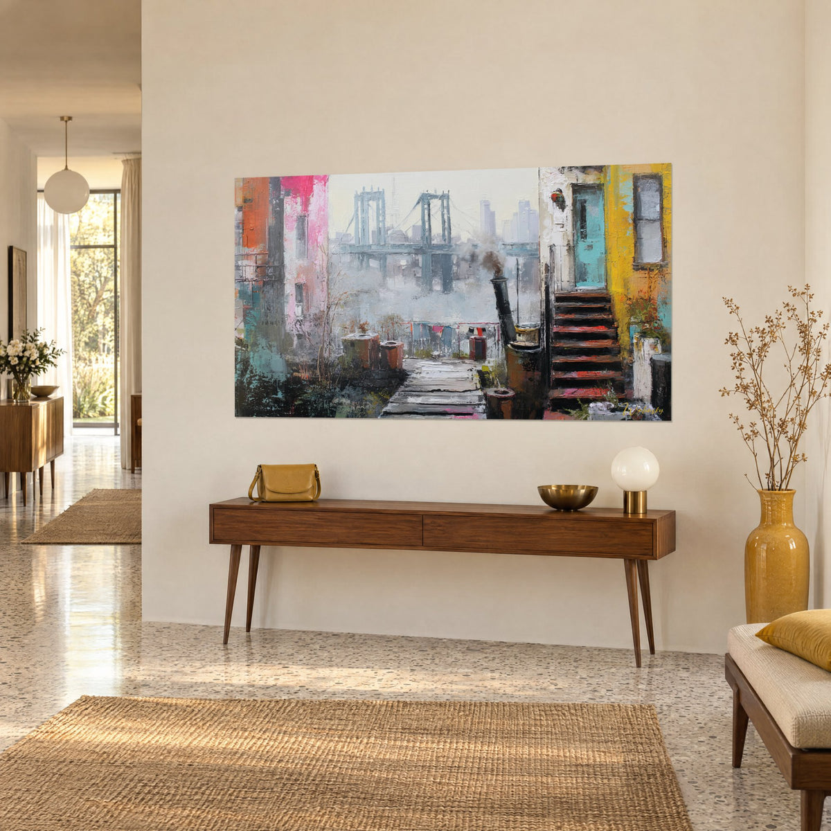 Schilderij Brooklyn Bridge gehuld in nevel, turquoise deur en mosterdgele muur, op een crèmekleurige muur boven een console