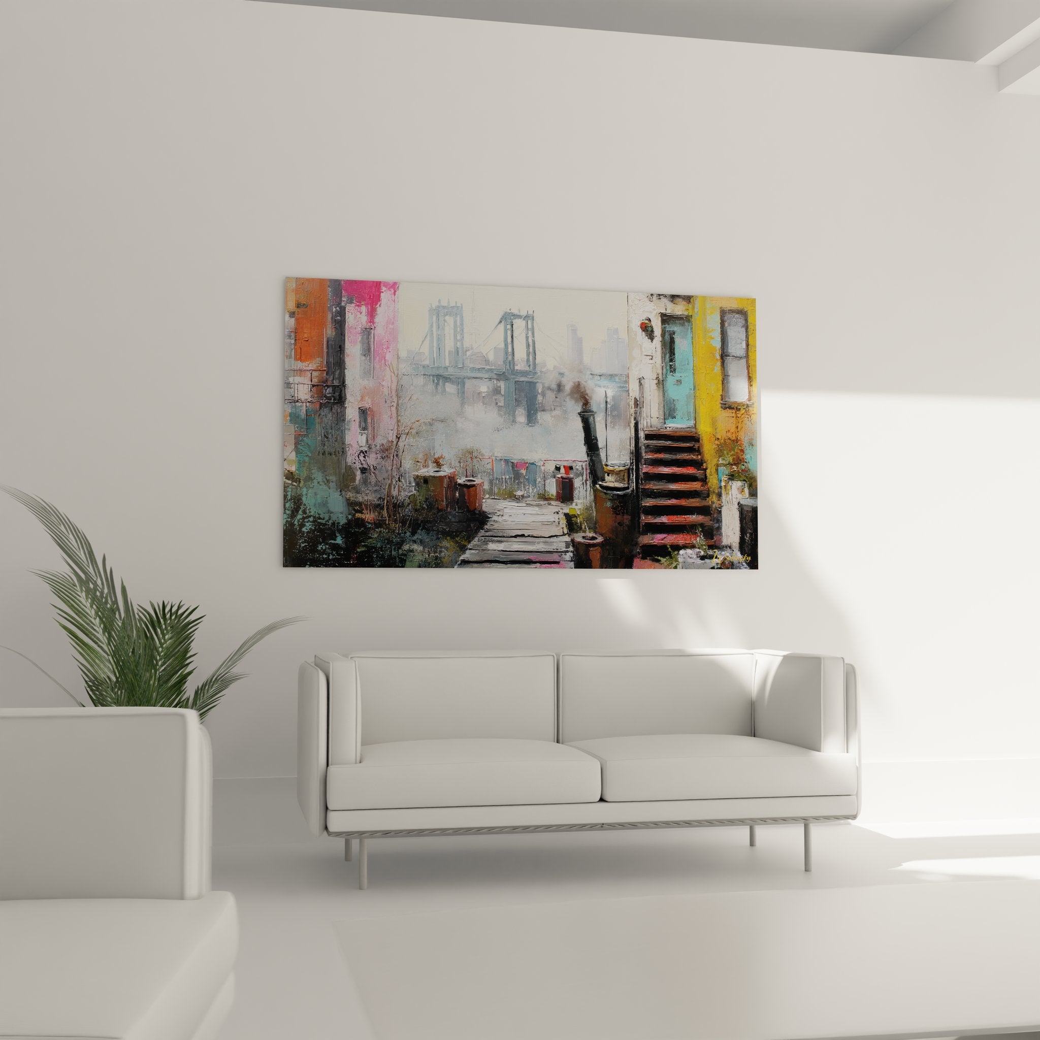 Détail tableau urban Brooklyn Bridge couleurs vives façades résidentielles art mural New York