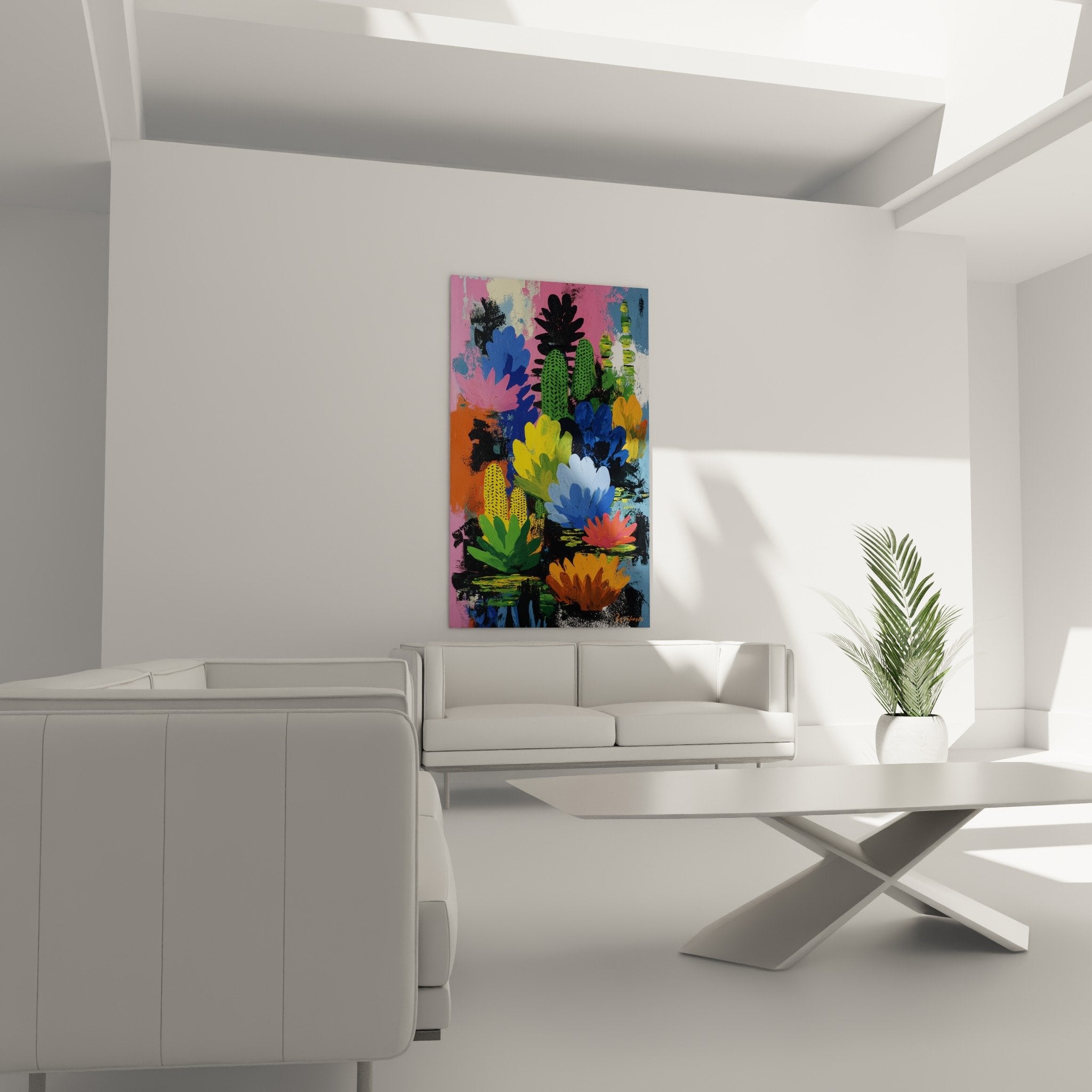 detail tableau cactus vert fleurs bleues roses orange peinture abstraite contemporaine