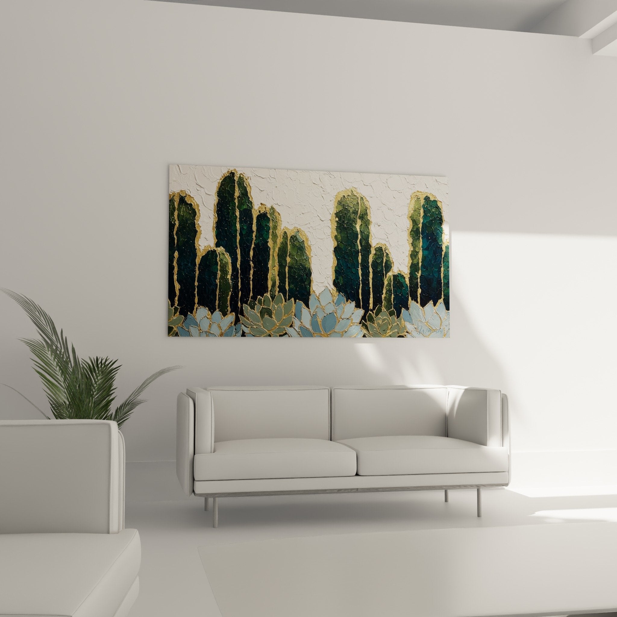 Détail tableau cactus empâtements dorés texture craquelée fond blanc nuances jade émeraude