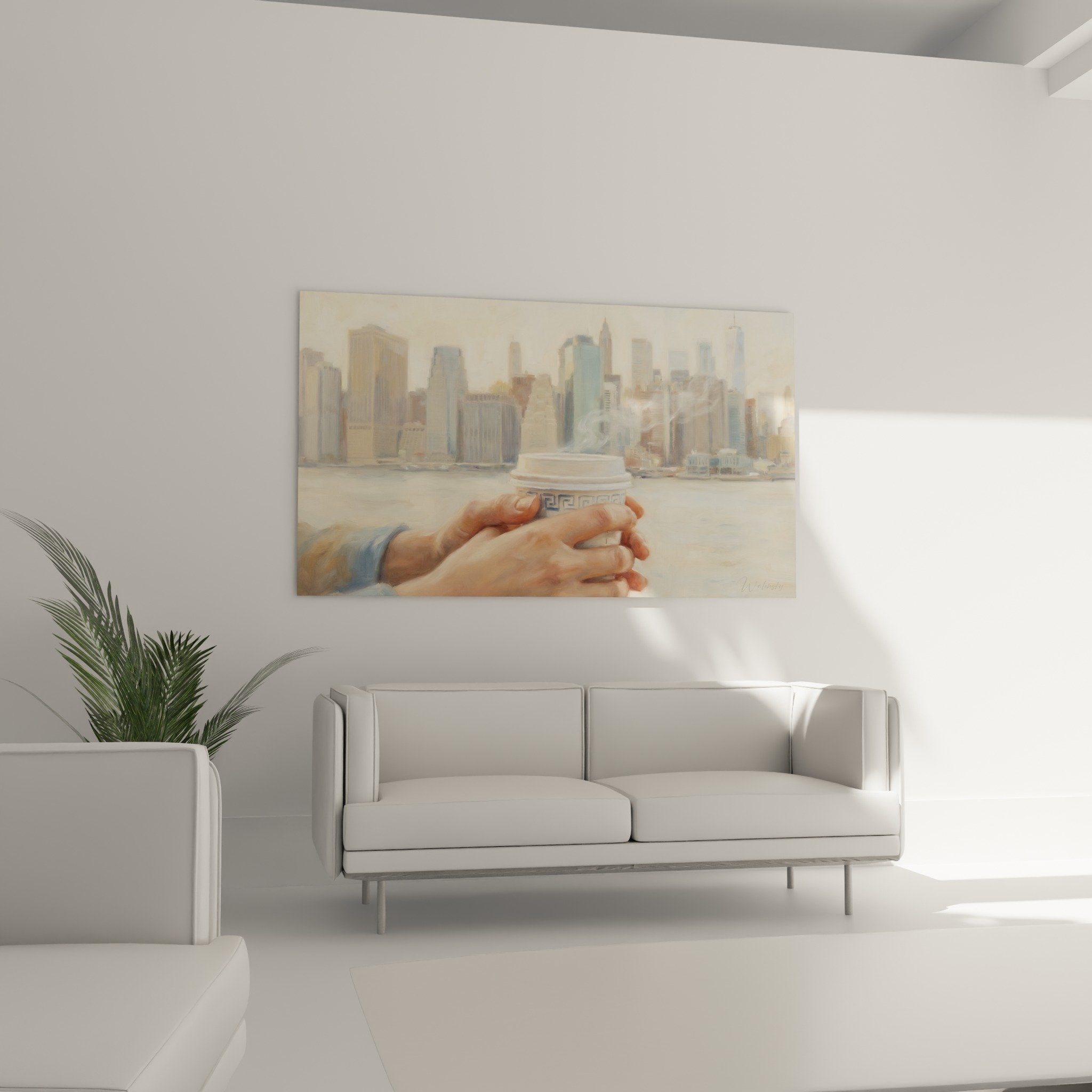 Detail tableau mains tasse cafe motifs geometriques Manhattan flou artistique peinture urbaine contemporaine