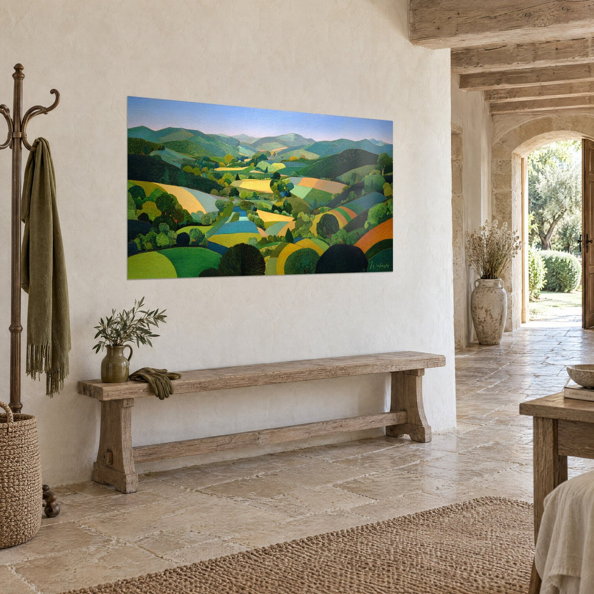 Tableau collines harmonieuses en patchwork de parcelles vert sapin et orangées, sur un mur de pierre, maison de campagne