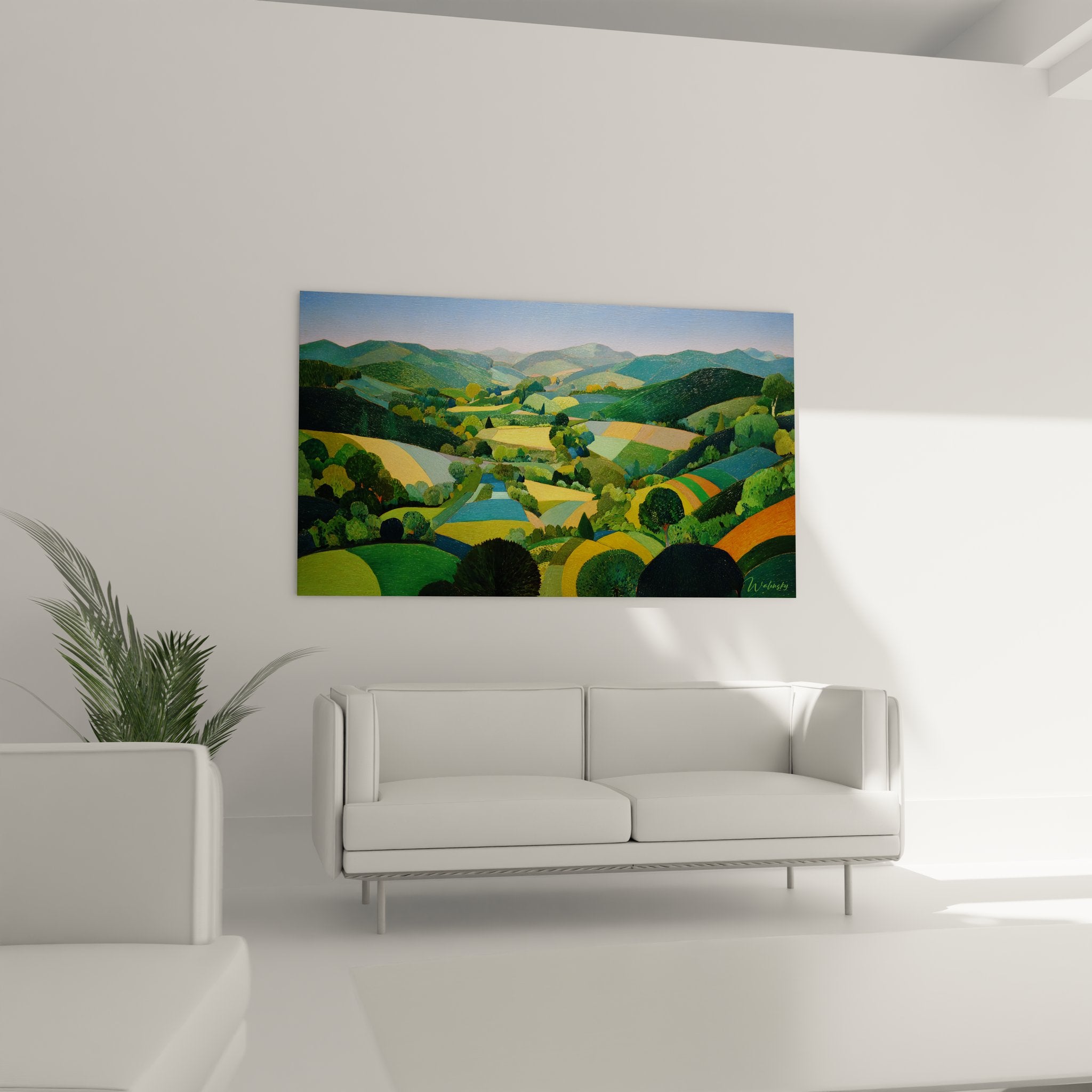 Détail tableau paysage campagne collines vertes et champs multicolores technique artistique