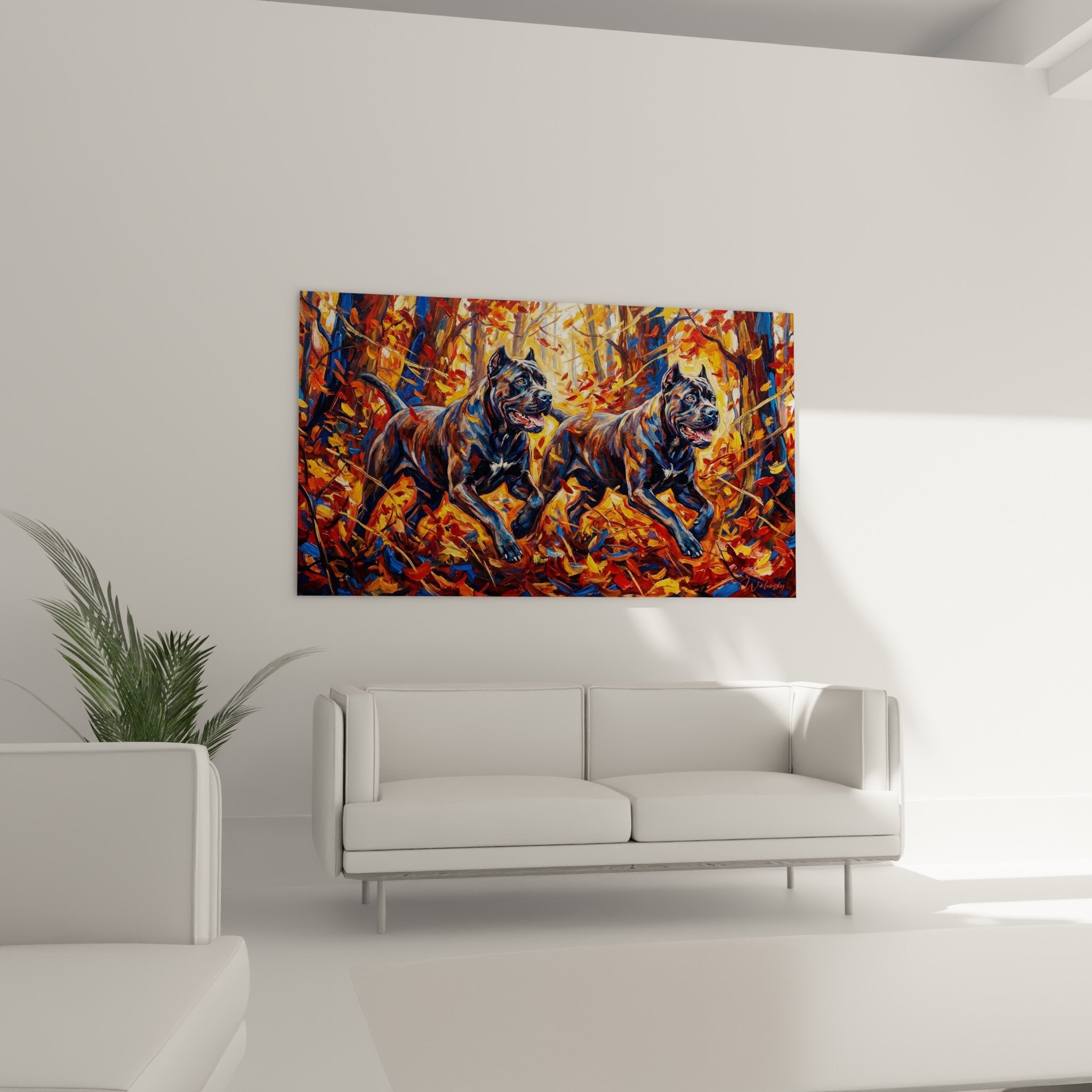 Détail tableau Cane Corso montrant technique picturale expressionniste et palette couleurs chaudes automnales