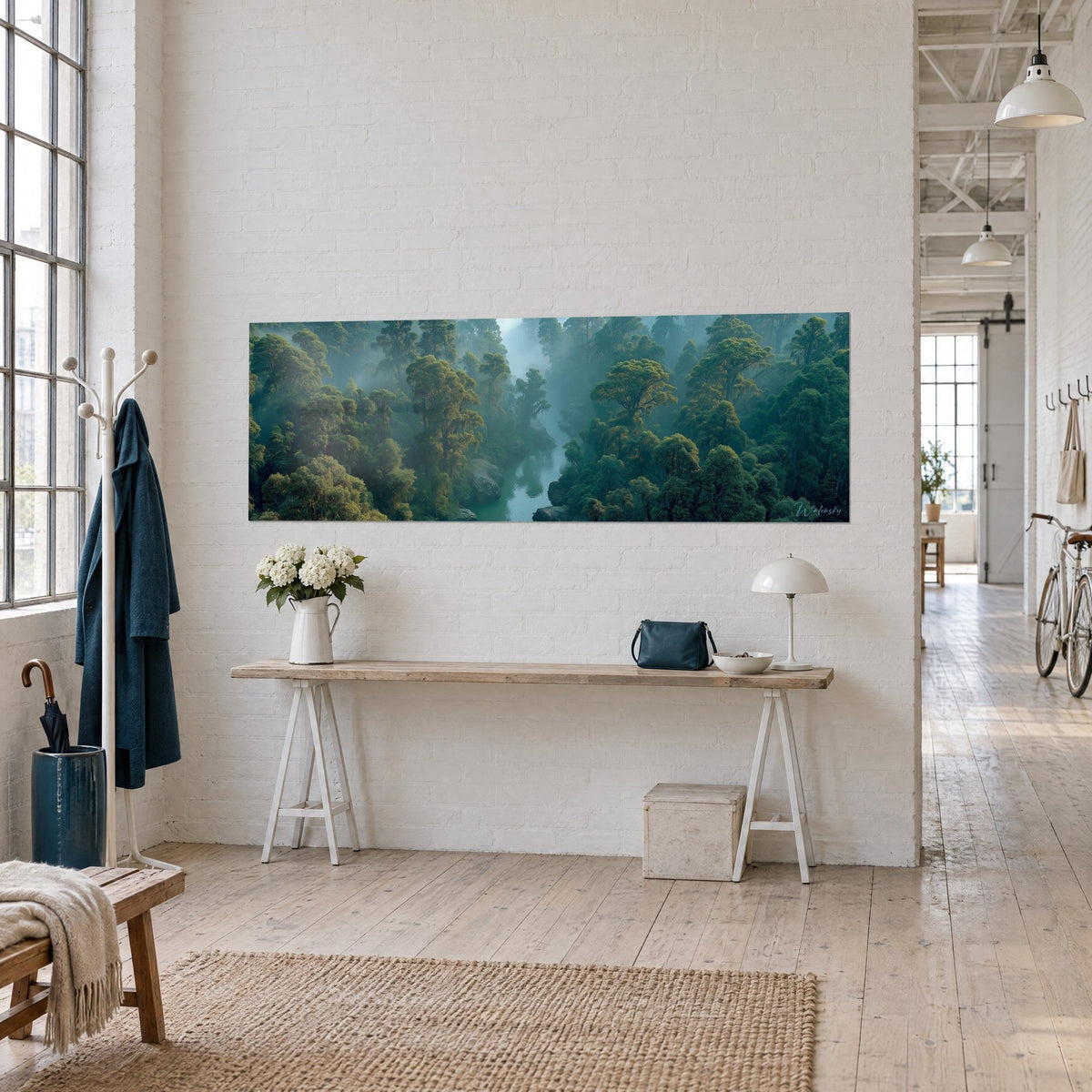Wall art mysterious rainforest canopy drowned in bluish mist, olive and ochre trees, river at its centre, three-quarter view of the loft