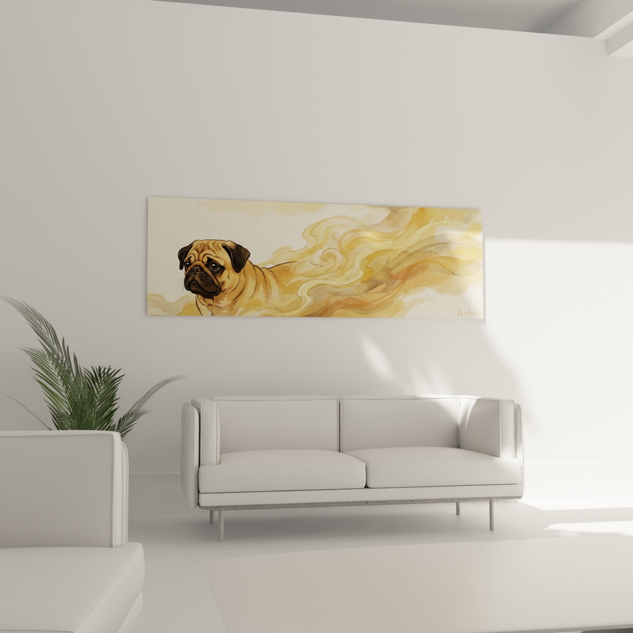 Détail tableau carlin portrait artistique, volutes dorées et regard expressif animal