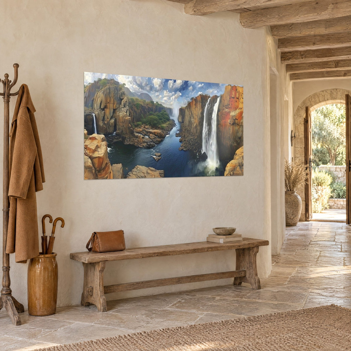 Wall art majestic gorges, double white waterfall over ochre and rust cliffs, indigo river, three-quarter view, entrance in light stone