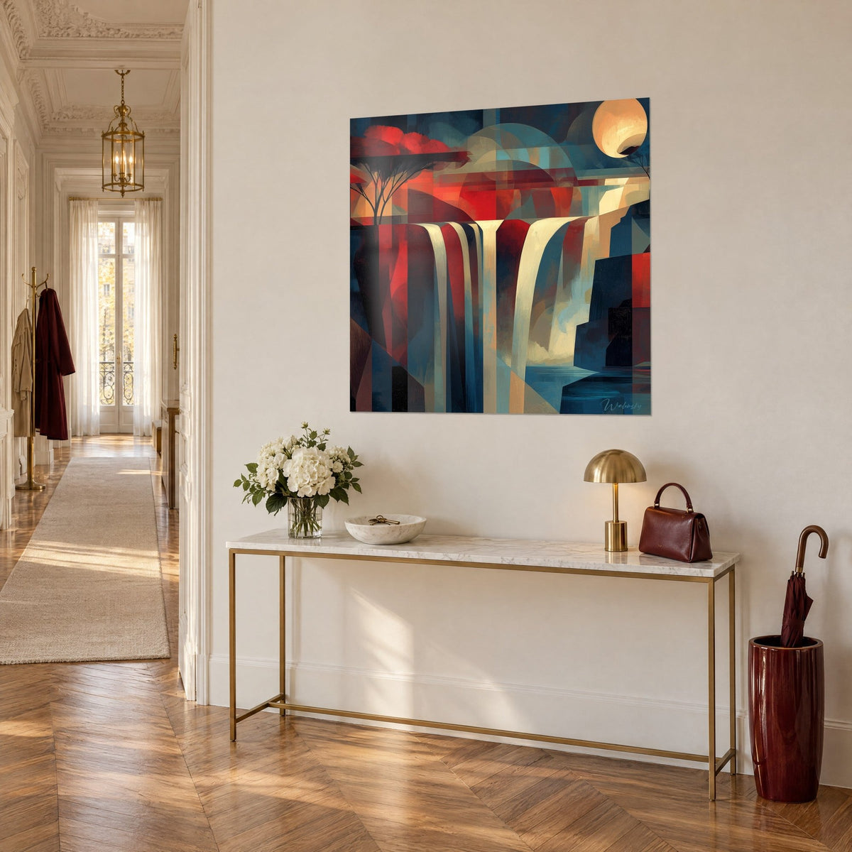 Wall art geometric cascade, red acacia and ochre moon on petrol blue background, three-quarter view above a gilded console