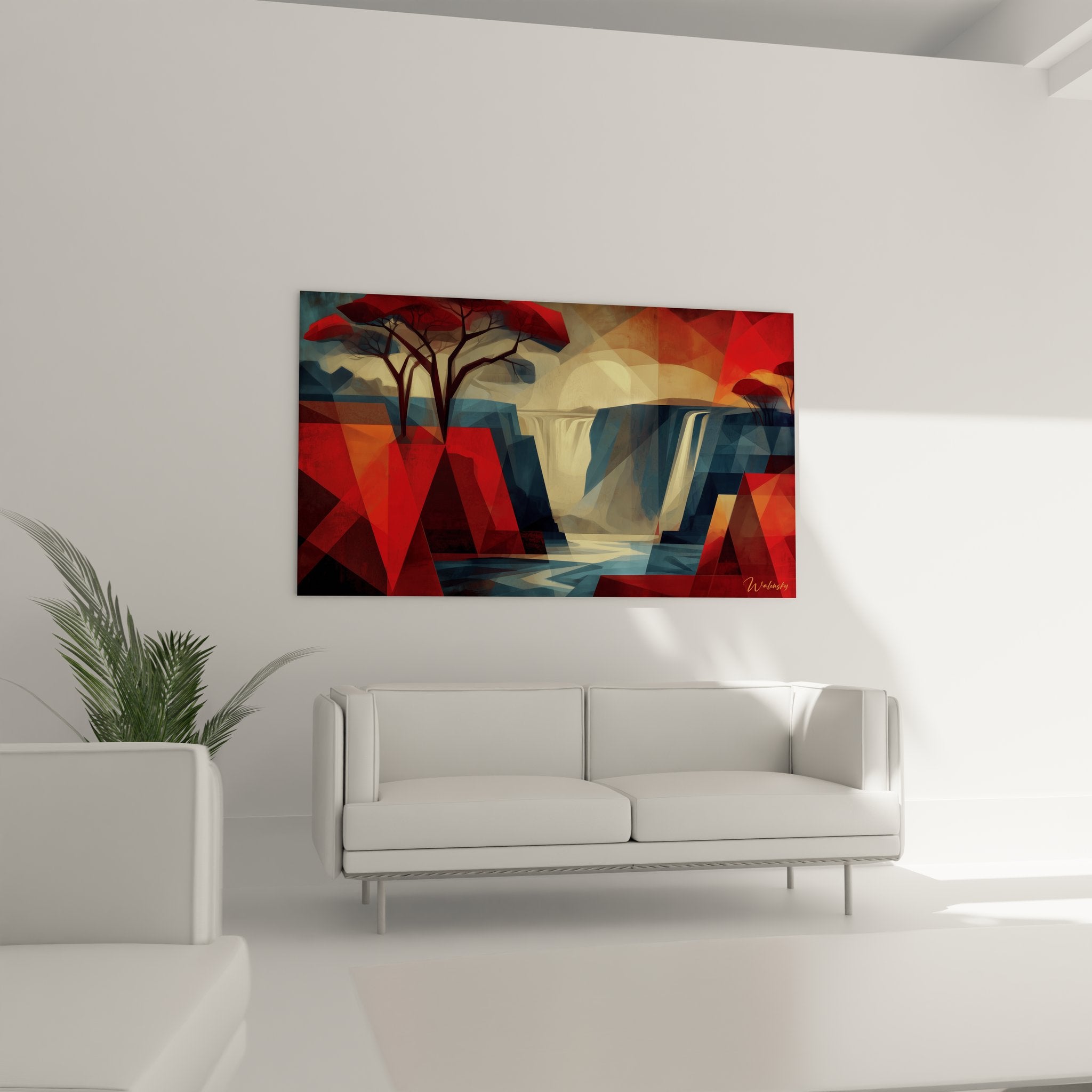 Détail gros plan tableau cascade cubiste formes triangulaires colorées art contemporain