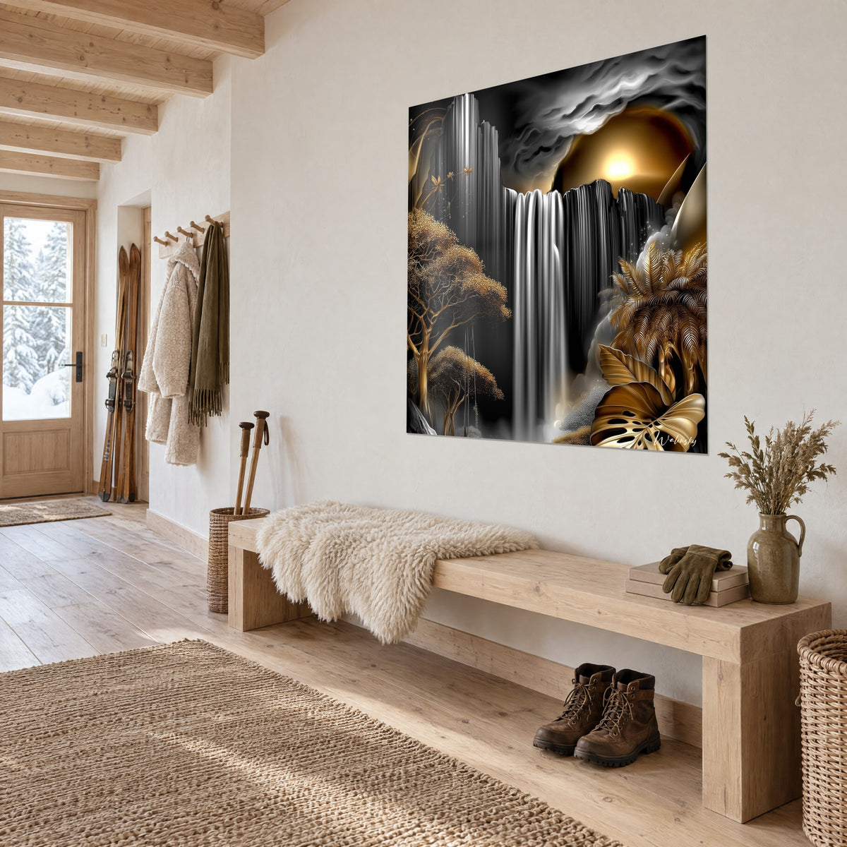 Tableau paysage de cascade féerique, rideau d'eau blanc entre rochers noirs et palmes cuivrées, banc de bois au chalet