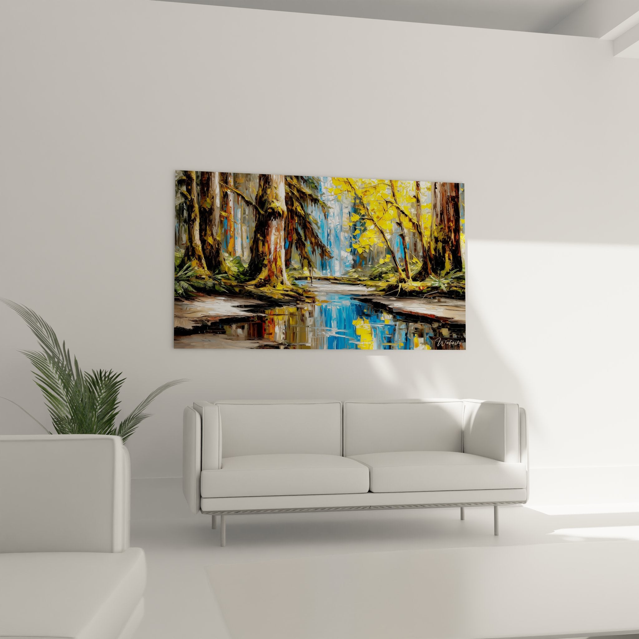 Détail gros plan tableau cascade tropicale, technique peinture impressionniste aux reflets dorés