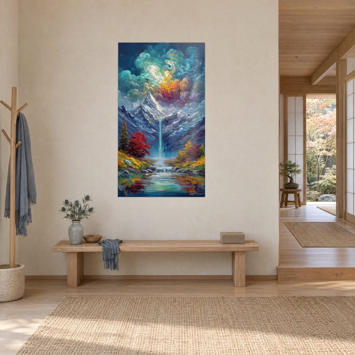 Schilderij van een alpenpiek in leisteenblauw impasto, karmijnrode en goudgele bomen, spiegelend meer, driekwartzicht in een japandi-gang