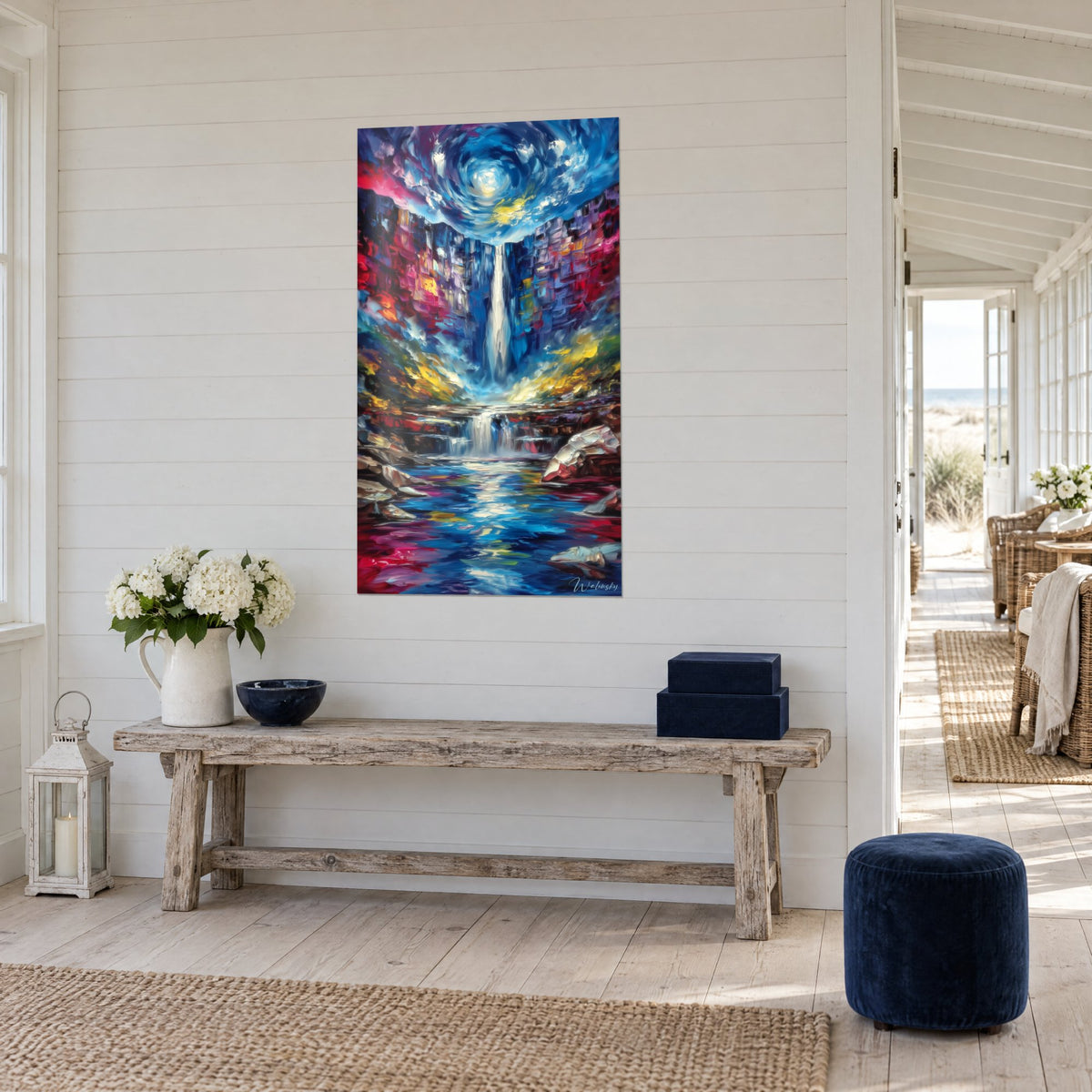 Wall art white waterfall in a magenta and midnight blue canyon, three-quarter view of a seaside wall