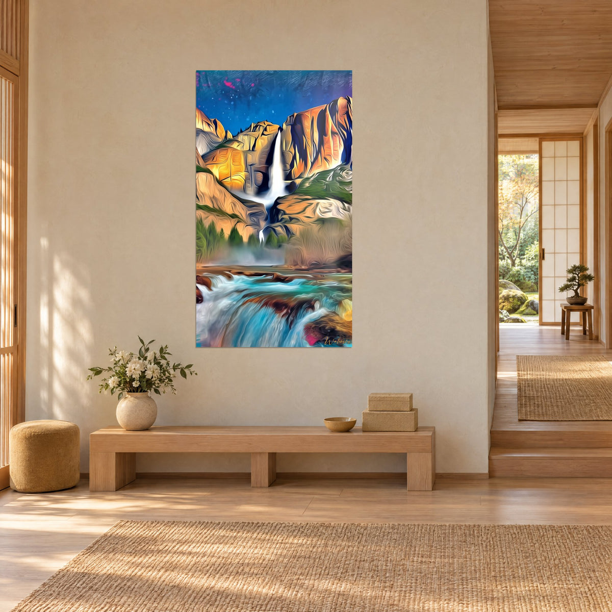 Wall art waterfall cascading from an orange rock face, starry midnight-blue sky and turquoise spray, beige Japandi wall, three-quarter view