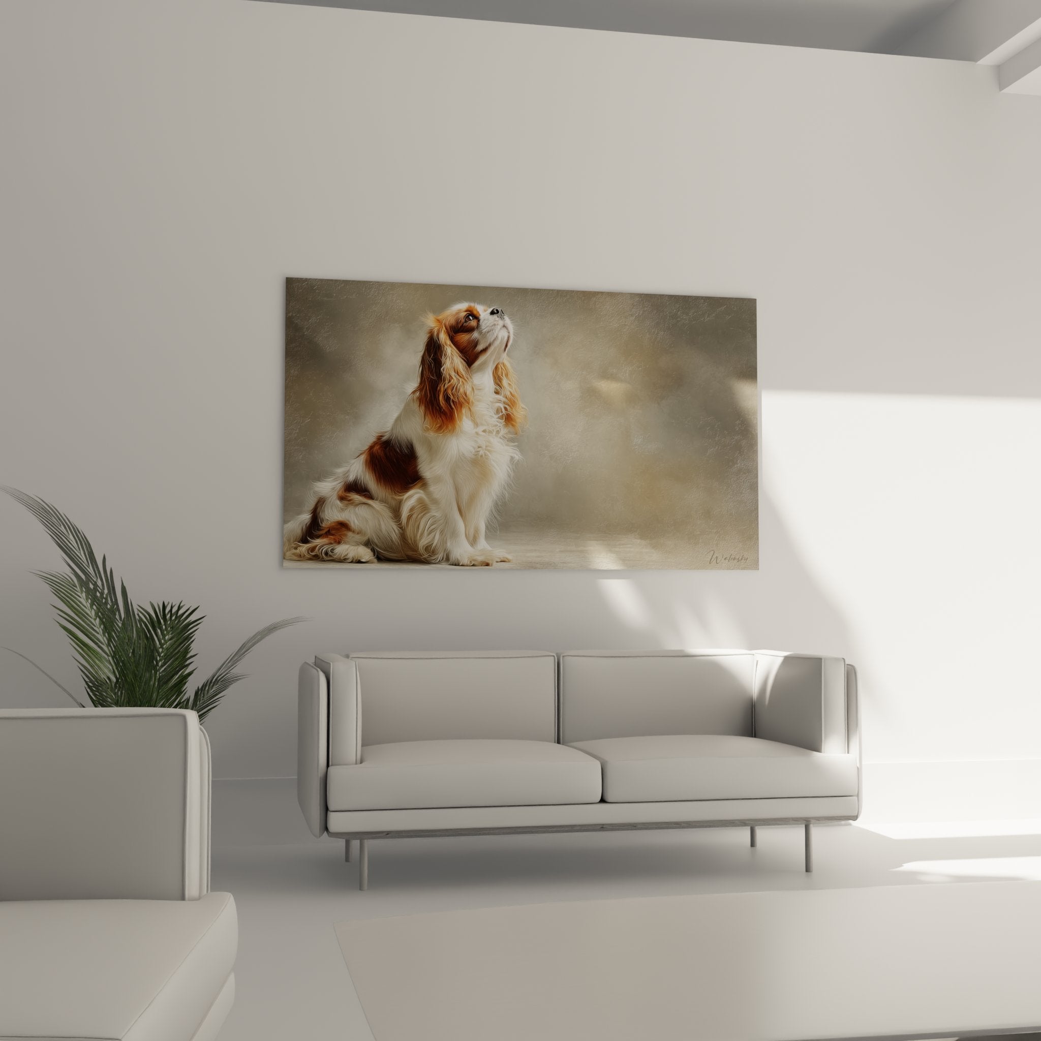 detail tableau cavalier king charles pelage cuivre dore yeux expressifs portrait animalier realiste