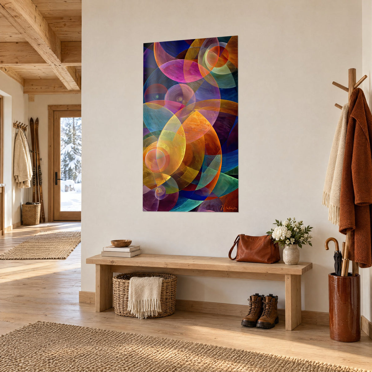 Wall art with circles and arcs in amber, fuchsia and midnight blue translucence, wooden chalet hallway with bench and coat