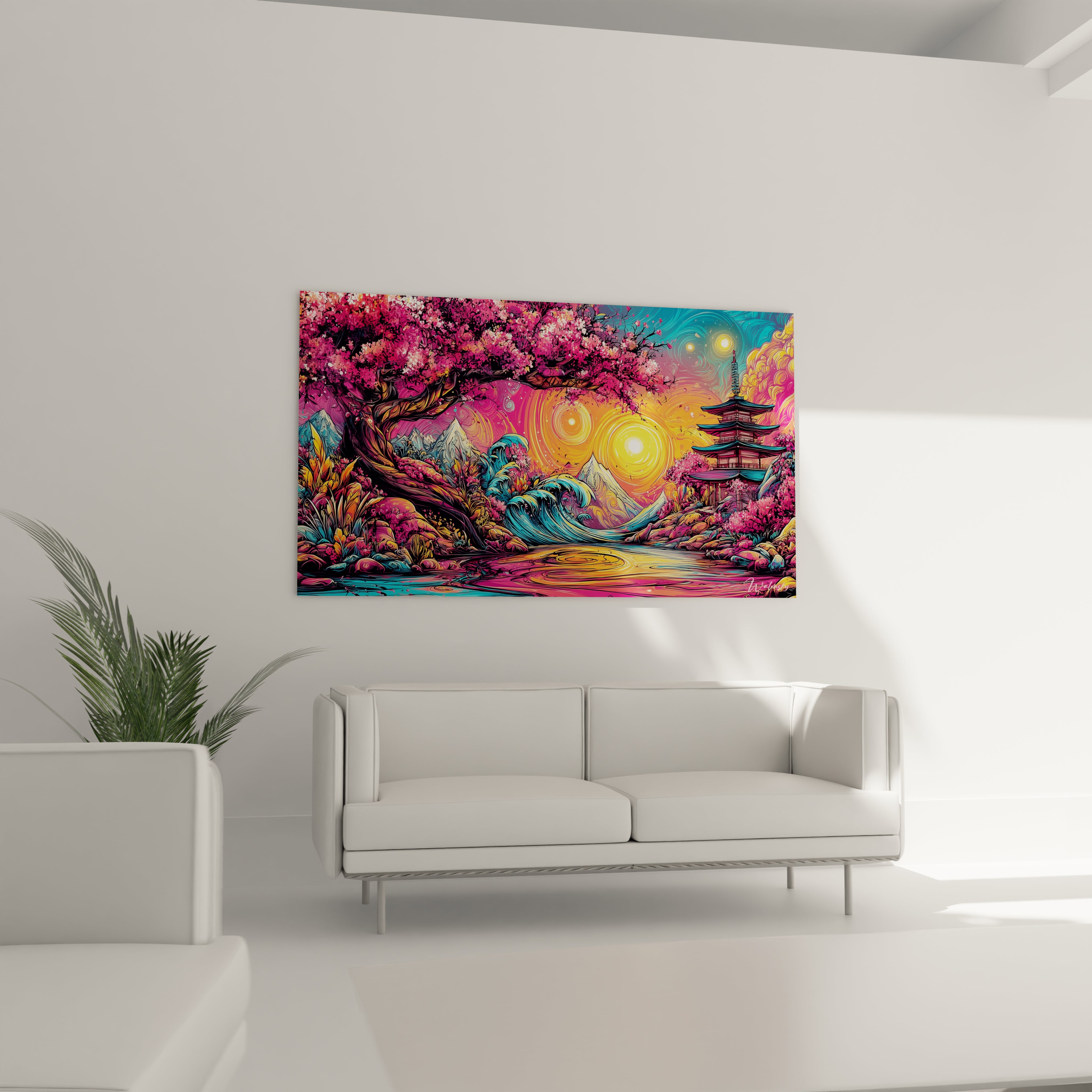 Détail tableau cerisiers japonais fleurs roses branches temple couleurs psychédéliques art mural