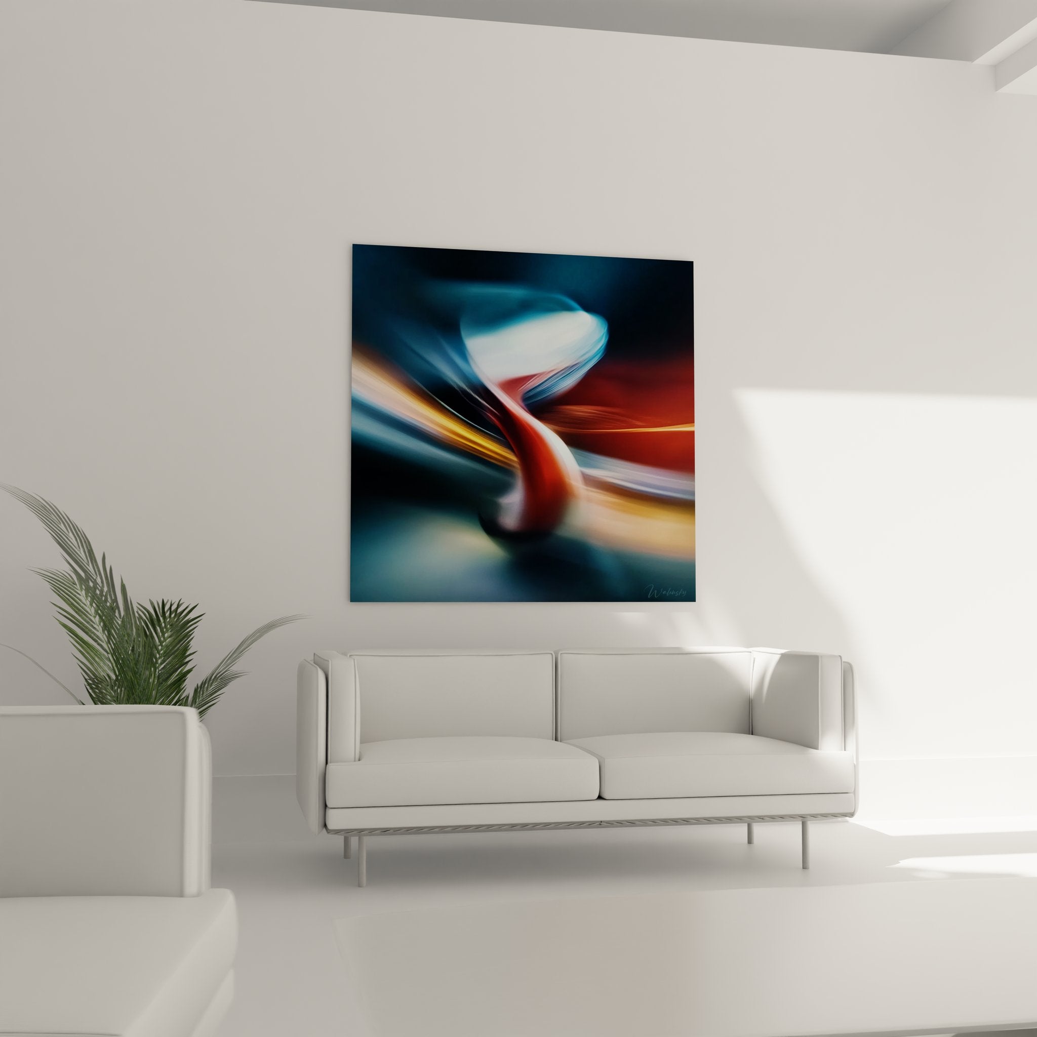 Détail tableau light painting chaise design couleurs vives effet mouvement art mural moderne