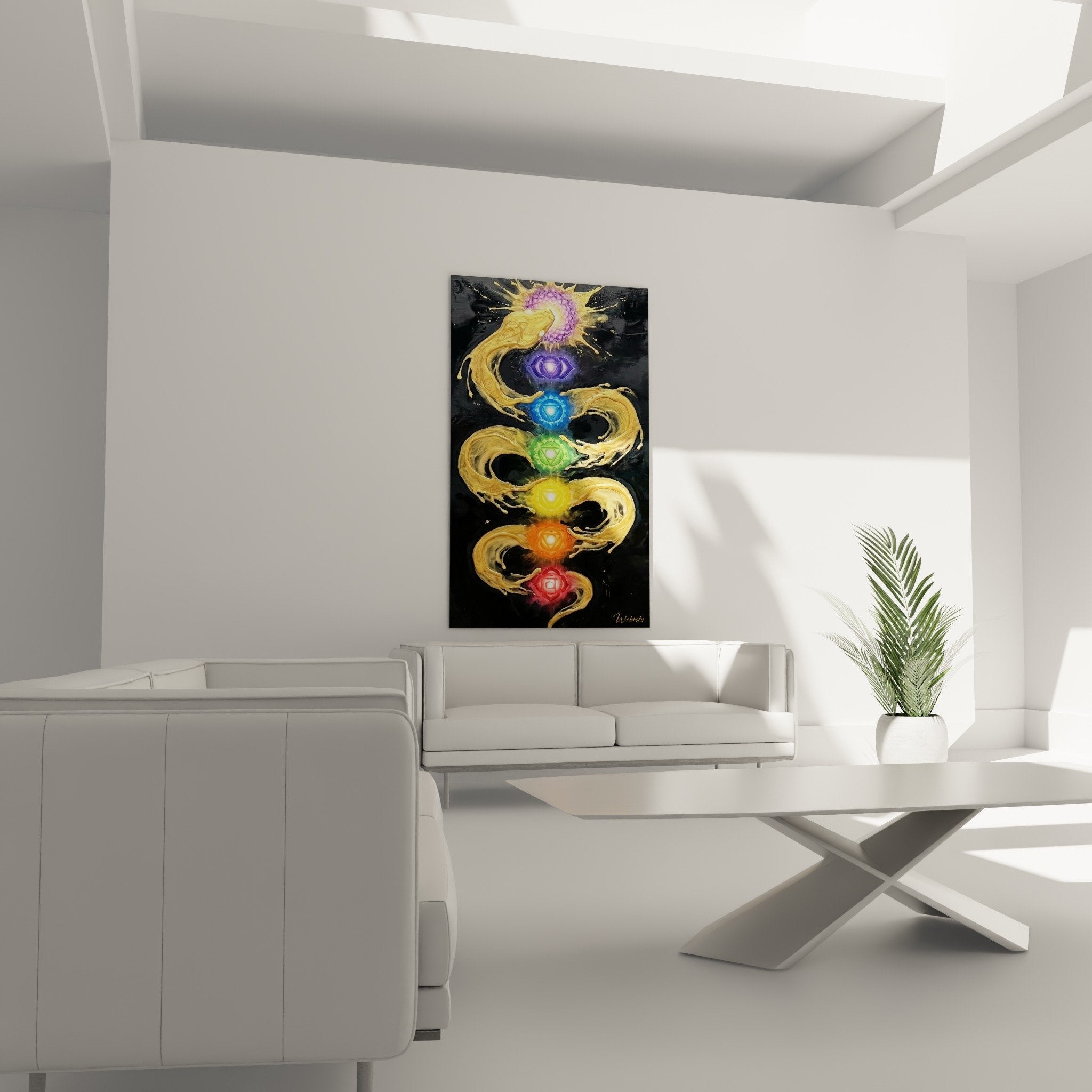 Detail Chakra-Kunstwerk mit goldener Spirale und Energiezentren in Violett, Blau, Grün, Gelb, Orange und Rot